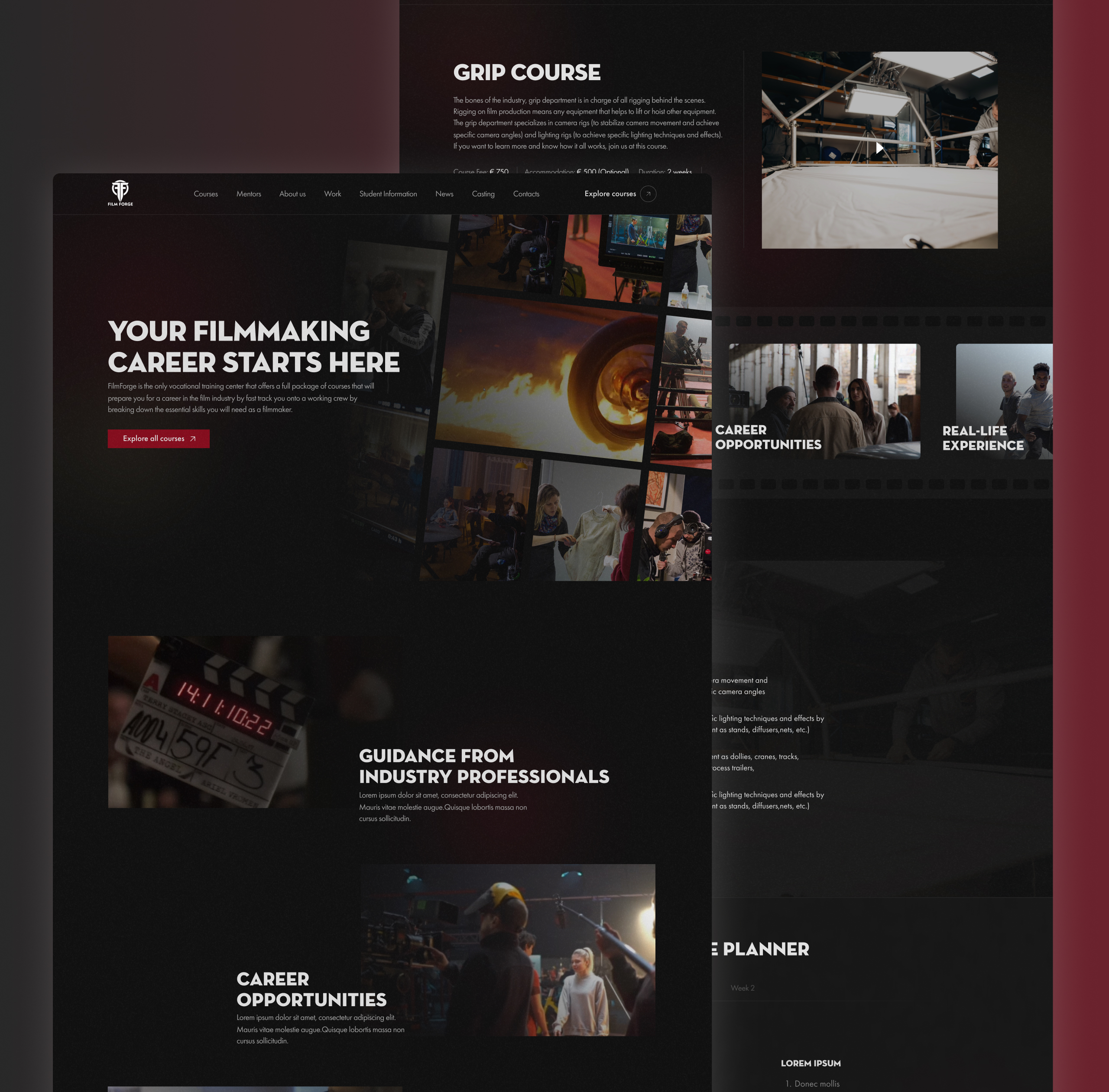FilmForge dark homepage design with the filmmaking career hero, film-set photo collage and a grip course detail page