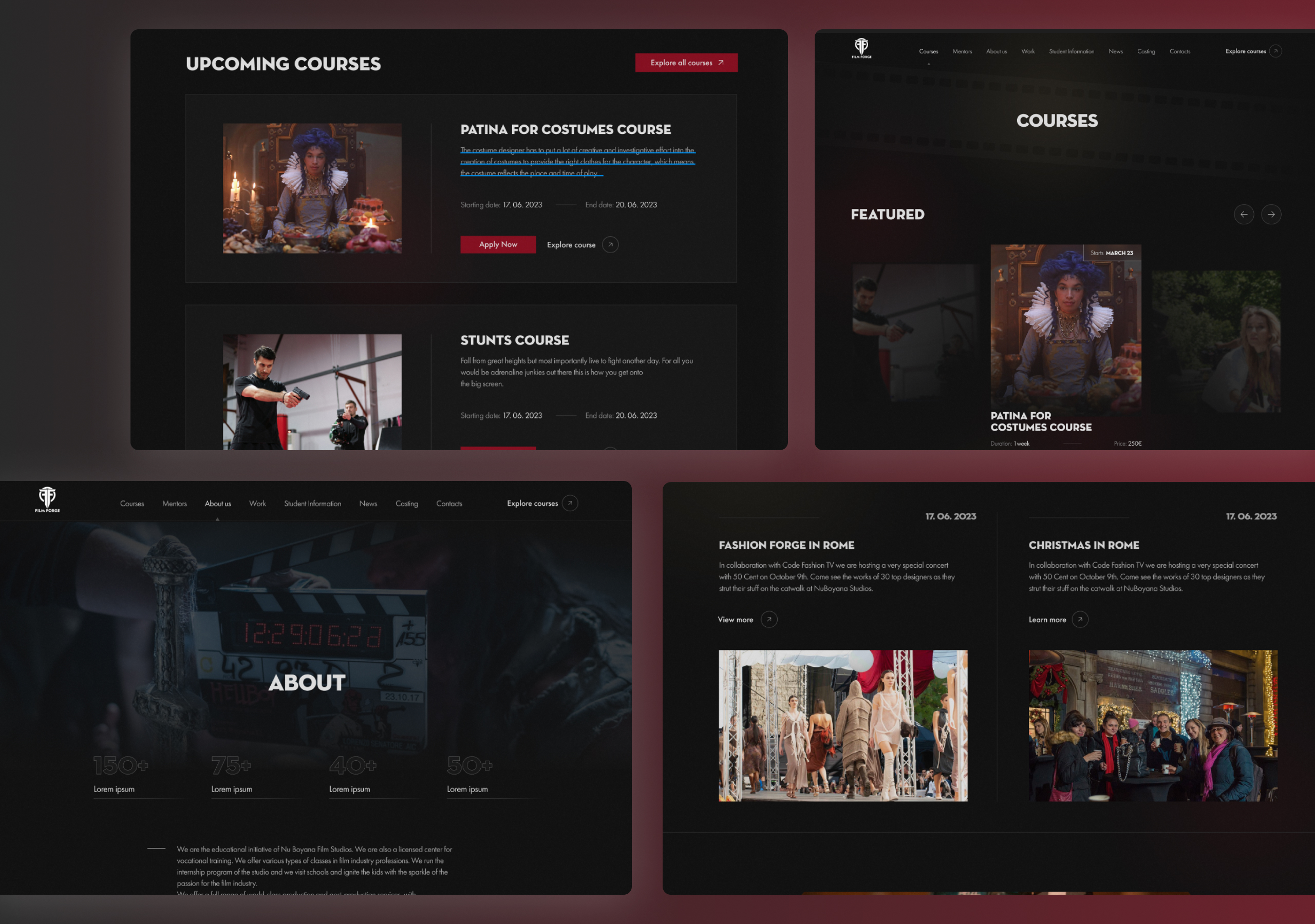 FilmForge page designs for upcoming courses, a featured course carousel, the about page and dated news items