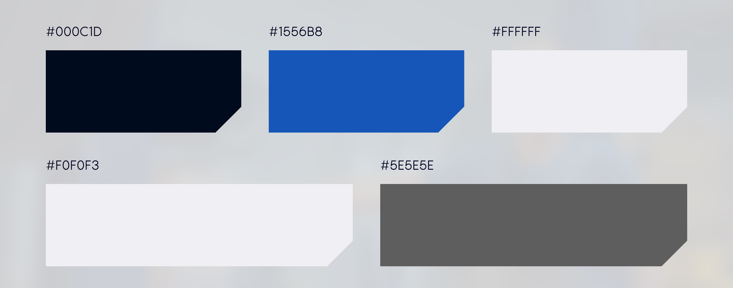 Technotest colour palette of five angled swatches in navy, blue, white and grey with hex values listed above each