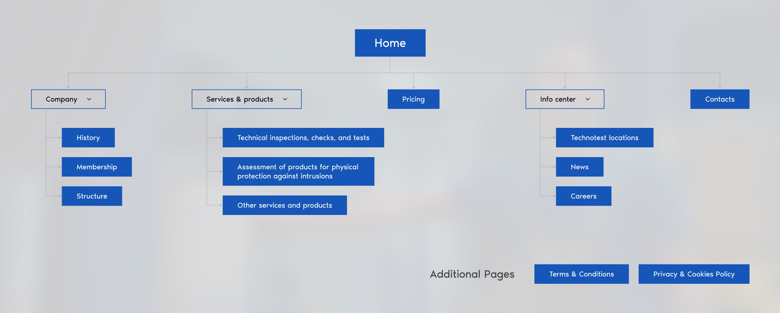 Technotest sitemap tree in blue boxes running from Home to Company, Services and products, Pricing, Info center and Contacts