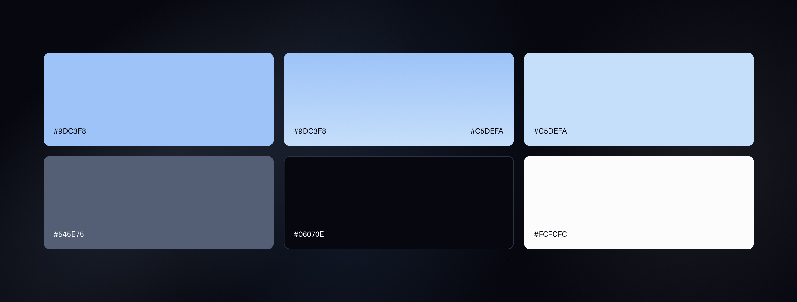 Media Monitoring and Social Listening blue colour palette swatches labelled with hex values including #9DC3F8 and #C5DEFA