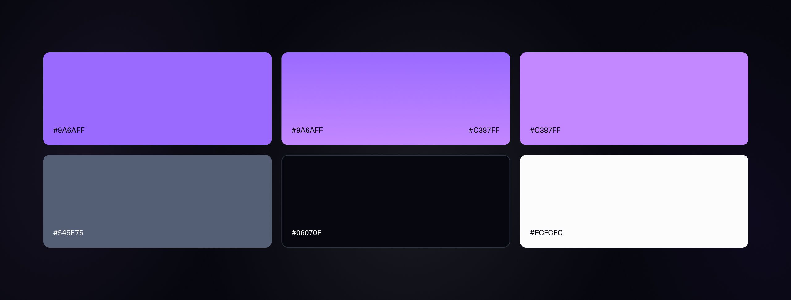Media Monitoring and Social Listening purple colour palette swatches labelled with hex values including #9A6AFF and #C387FF