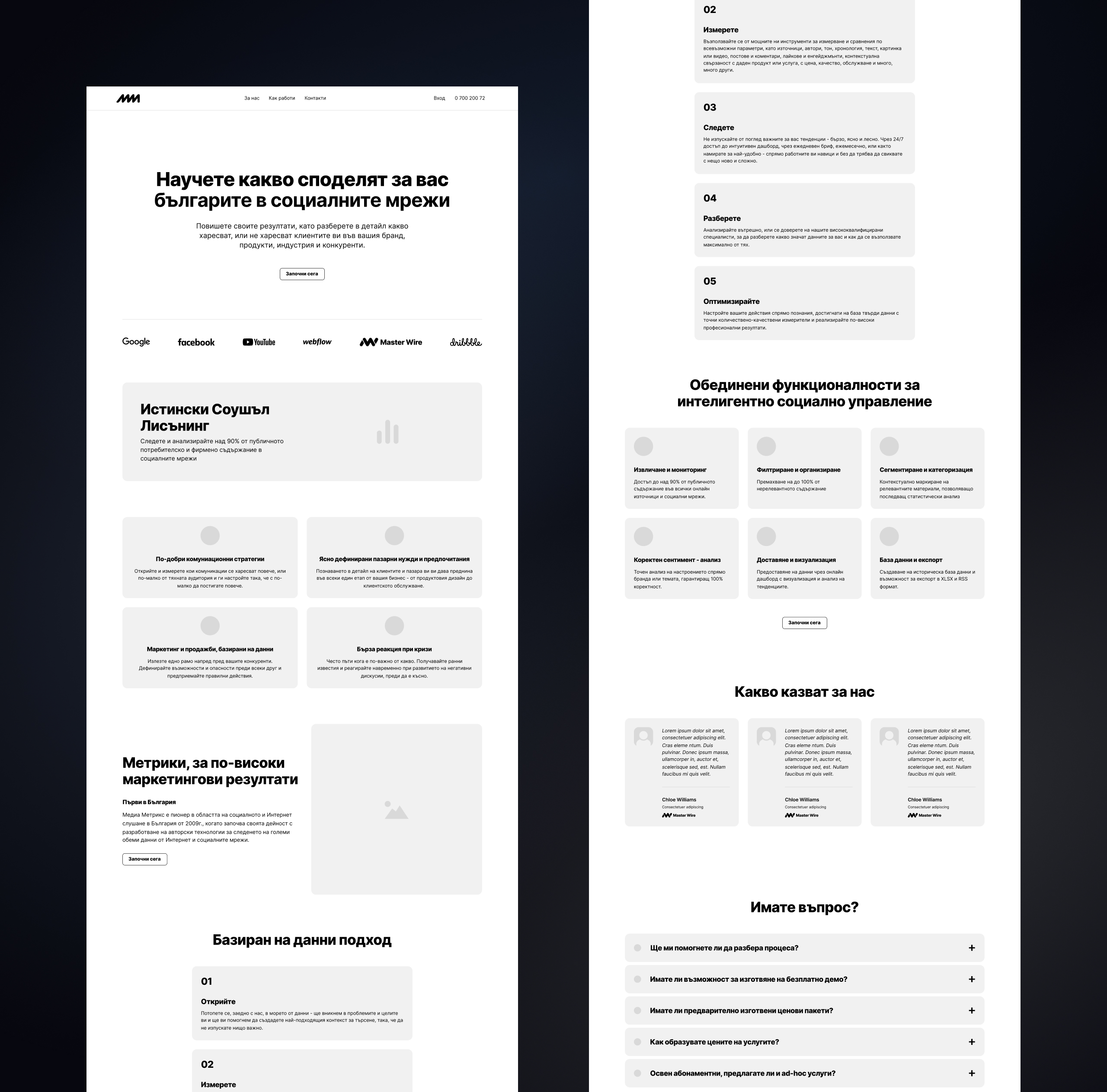 Greyscale homepage wireframes for Media Monitoring and Social Listening laid out as two long scrolling page columns