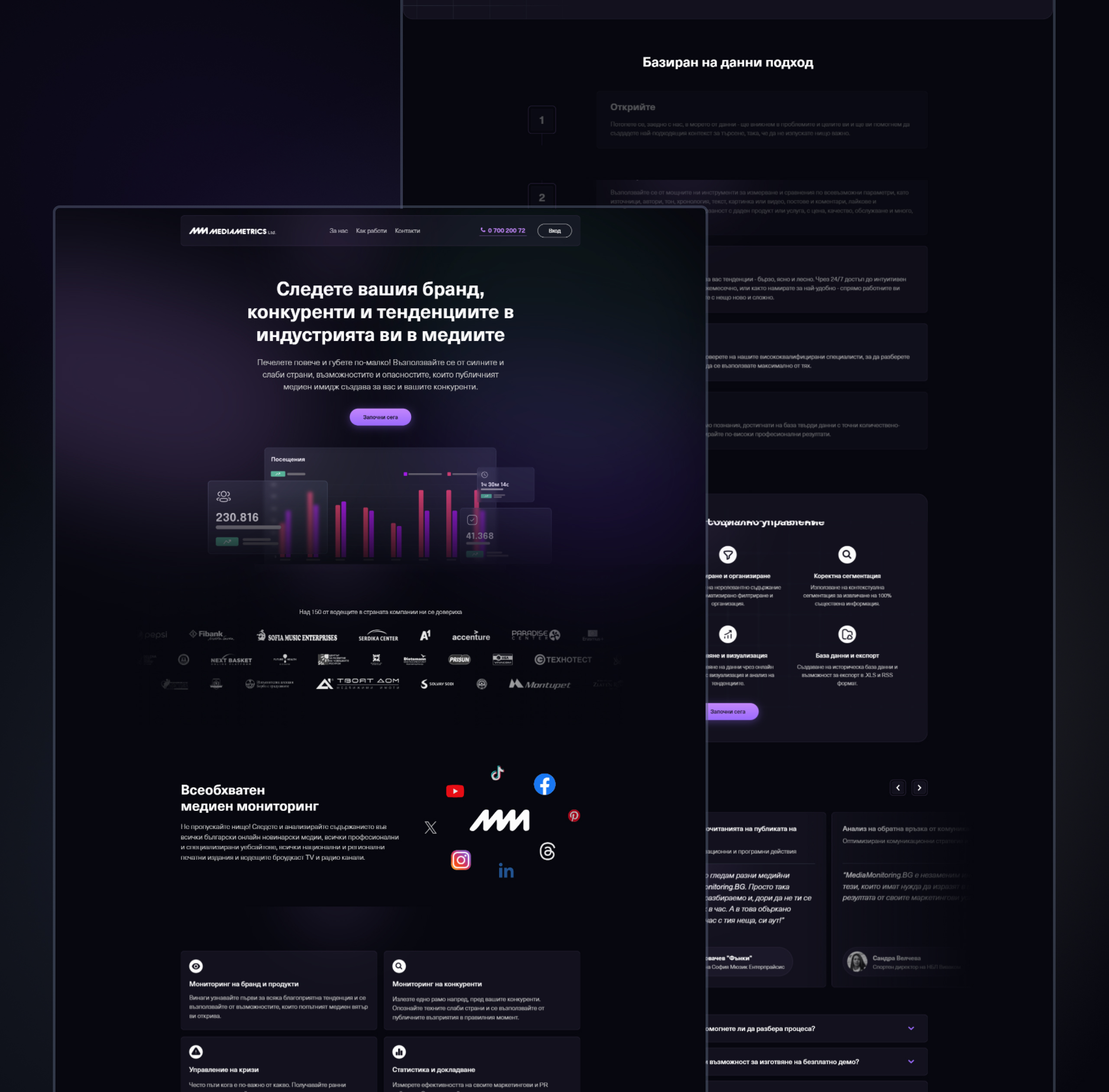 Dark purple MediaMetrics desktop homepage design for Media Monitoring and Social Listening with an analytics chart hero