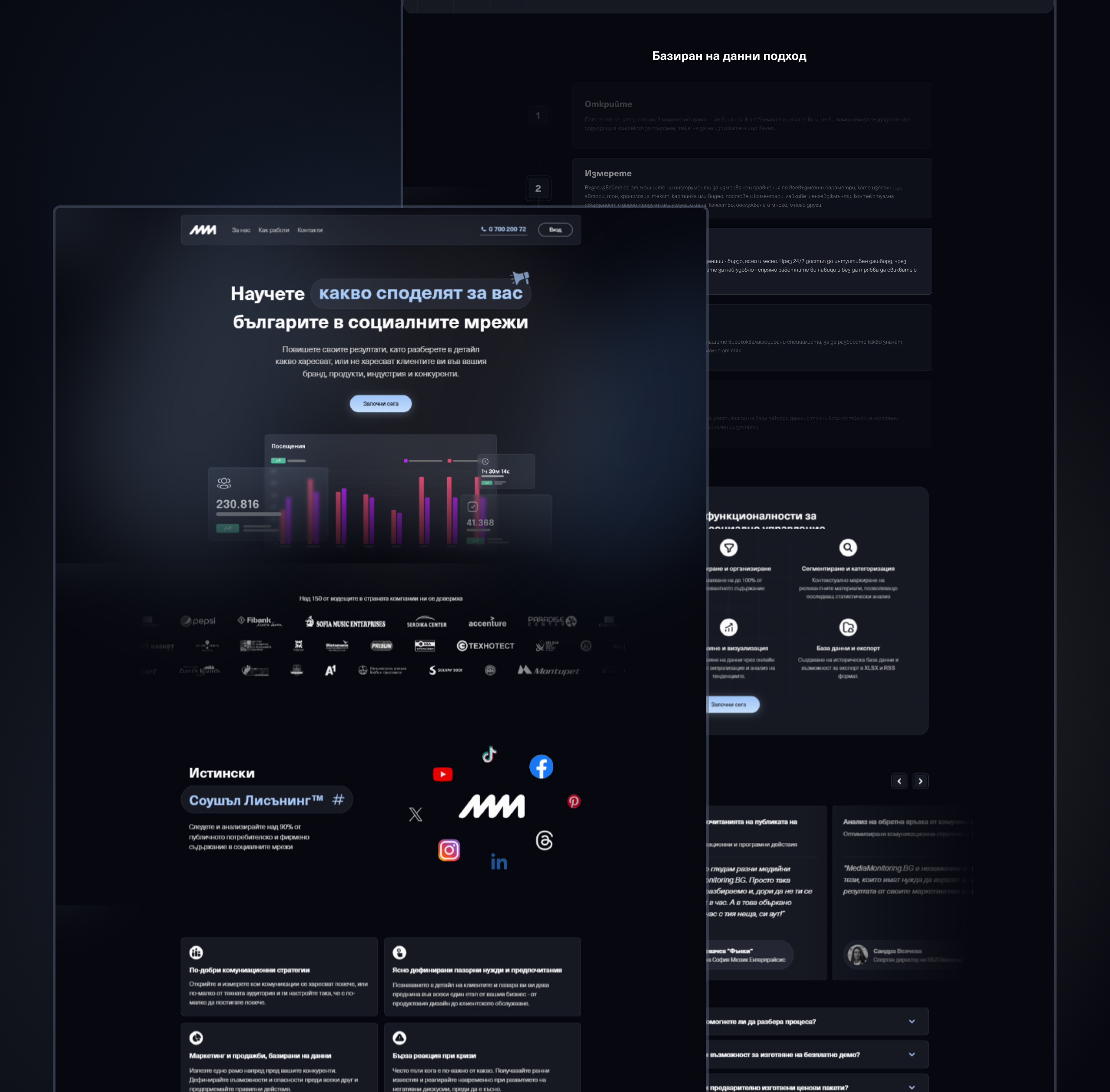 Dark blue Social Listening desktop homepage design for Media Monitoring and Social Listening with a client logo strip