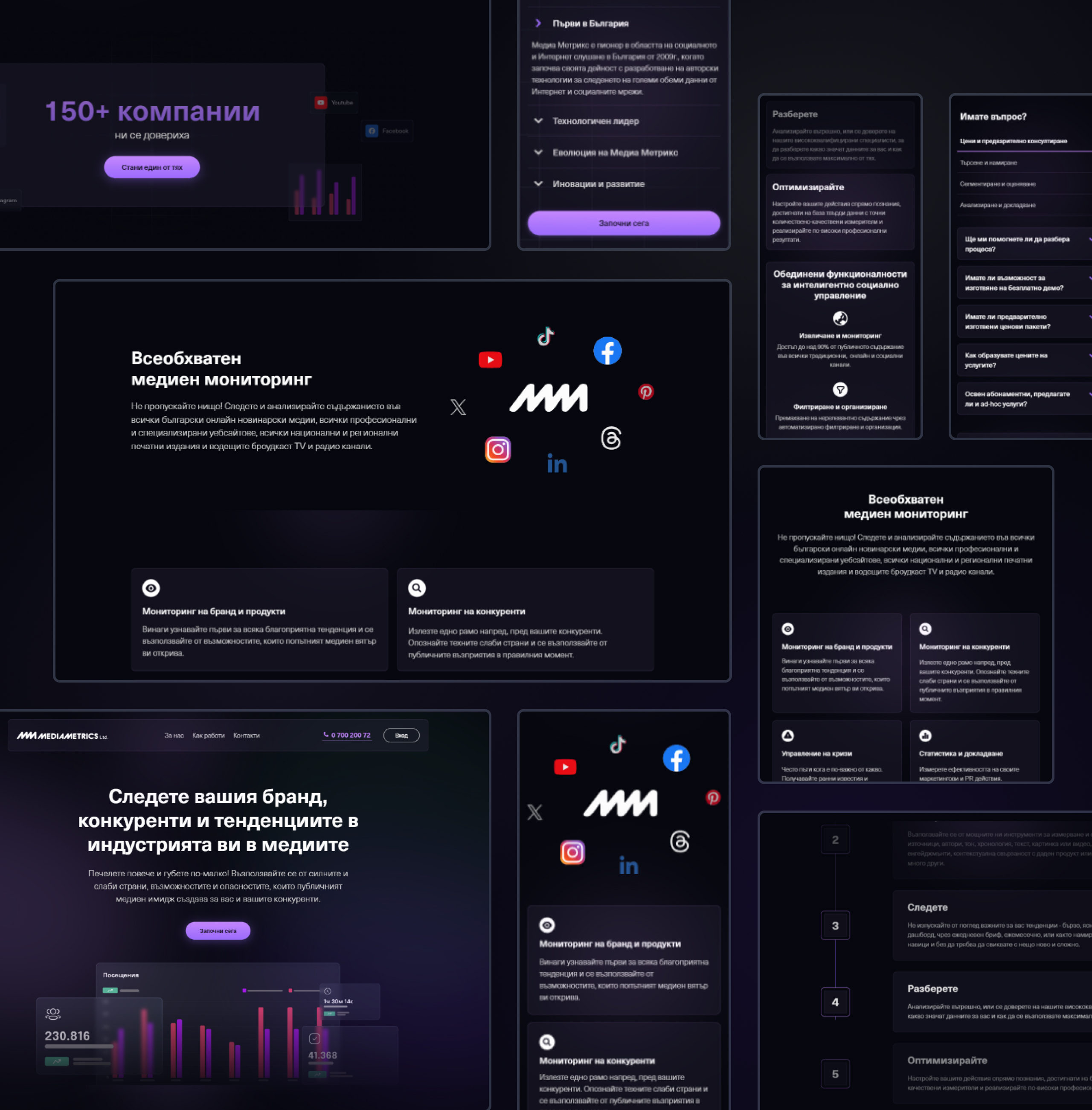 Media Monitoring and Social Listening purple page sections shown at desktop and narrow widths, with feature cards and FAQ