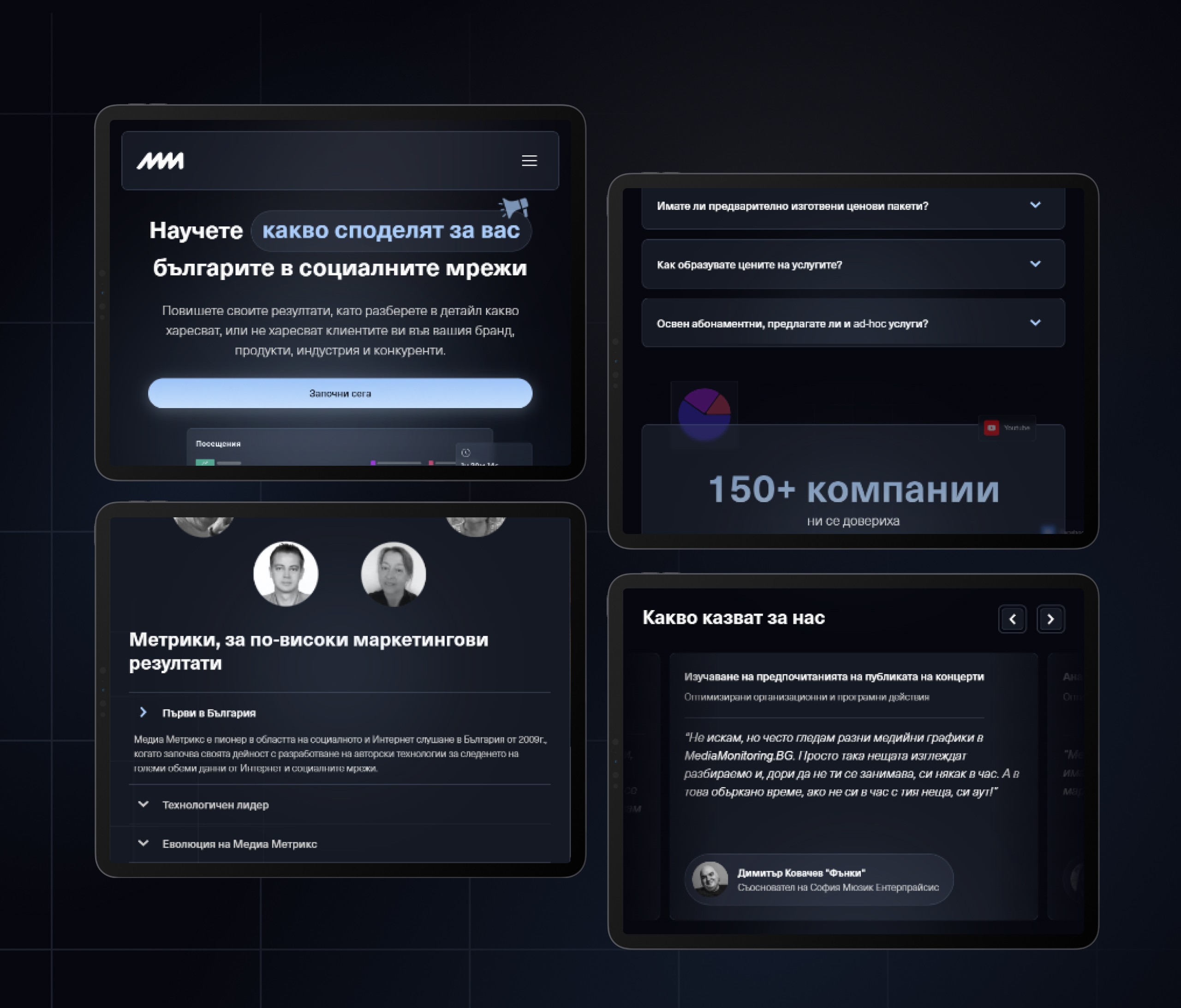 Four tablet mockups of the Social Listening site for Media Monitoring and Social Listening showing hero, FAQ and testimonials