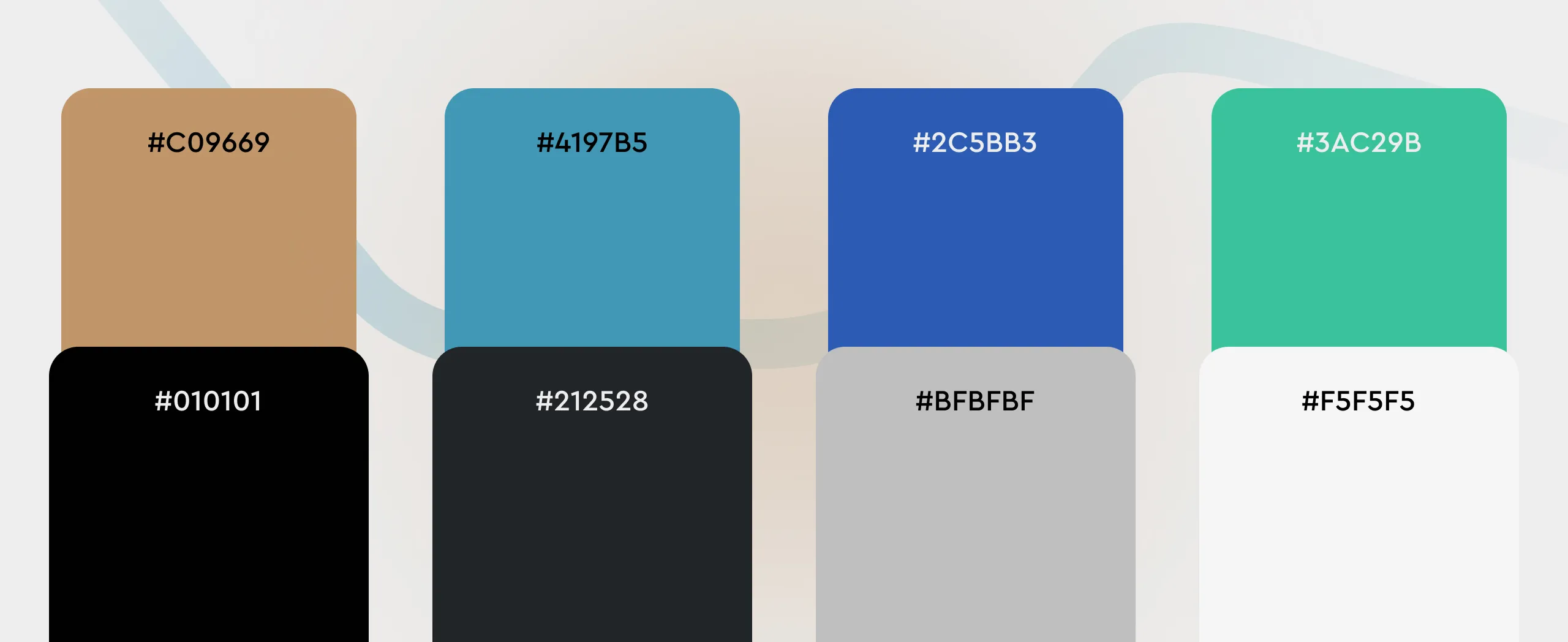 Ergomotion Plus colour palette with eight rounded swatches and hex values from #C09669 and #4197B5 to #F5F5F5