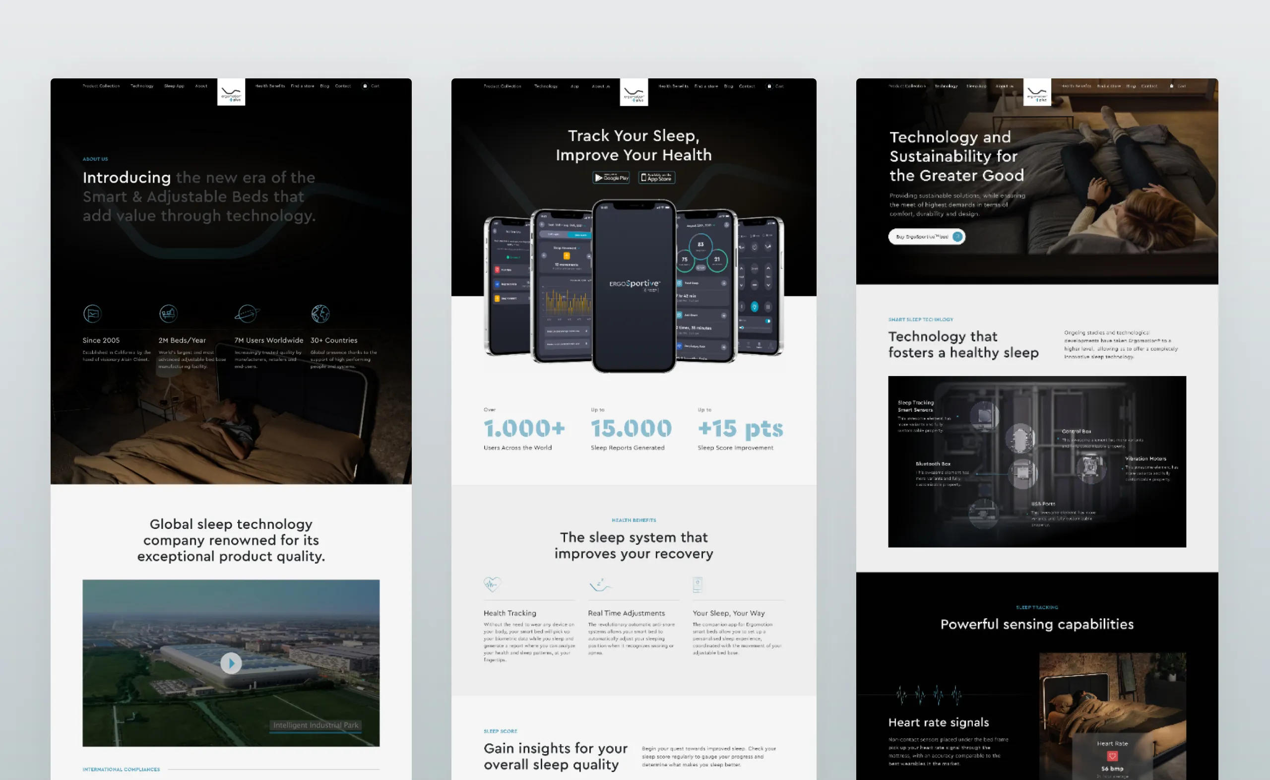 Three full-page Ergomotion Plus designs covering the about, sleep app and technology pages with dark bedroom photography