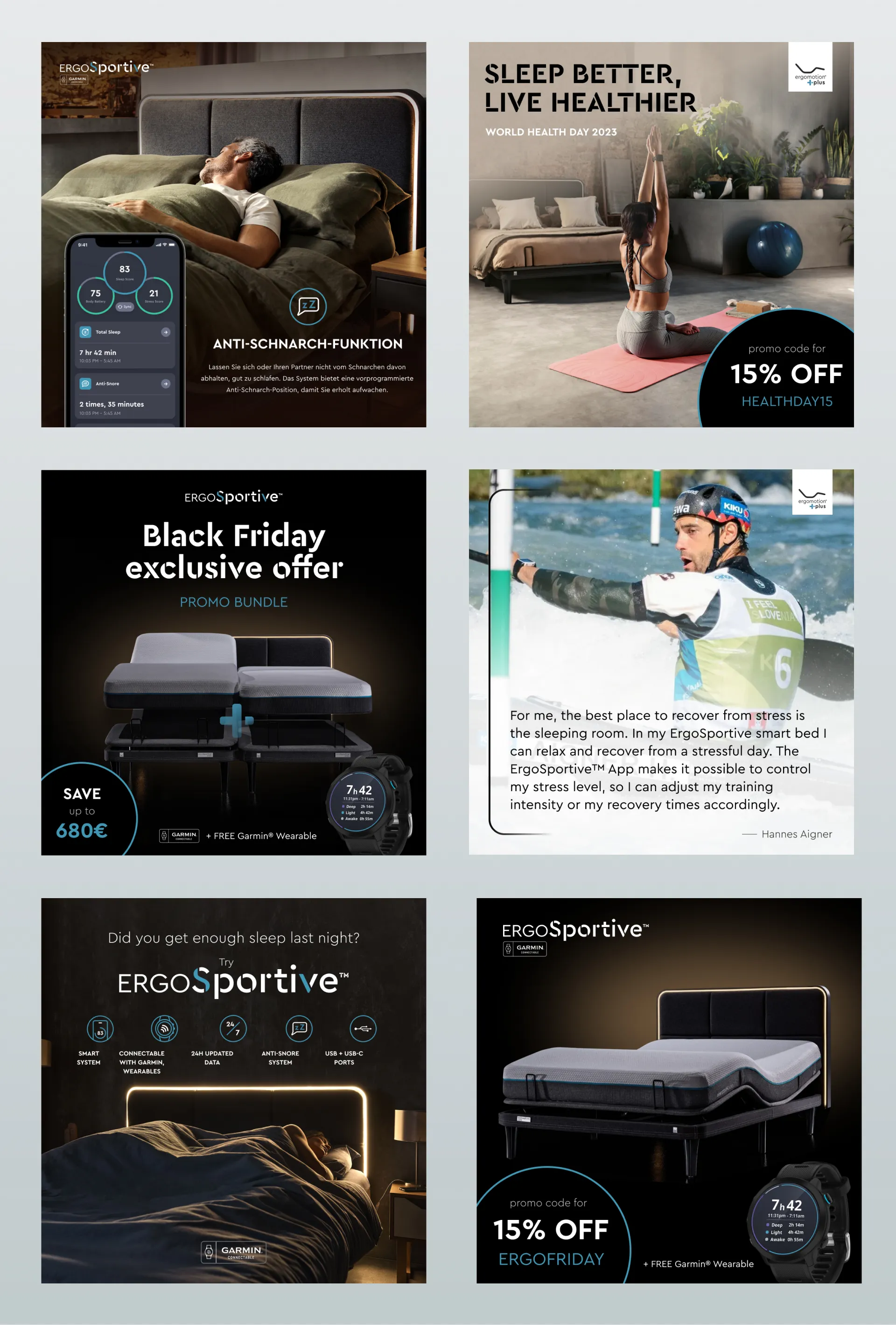 Six square Ergomotion Plus social media banners promoting the ErgoSportive smart bed, seasonal discounts and an athlete quote