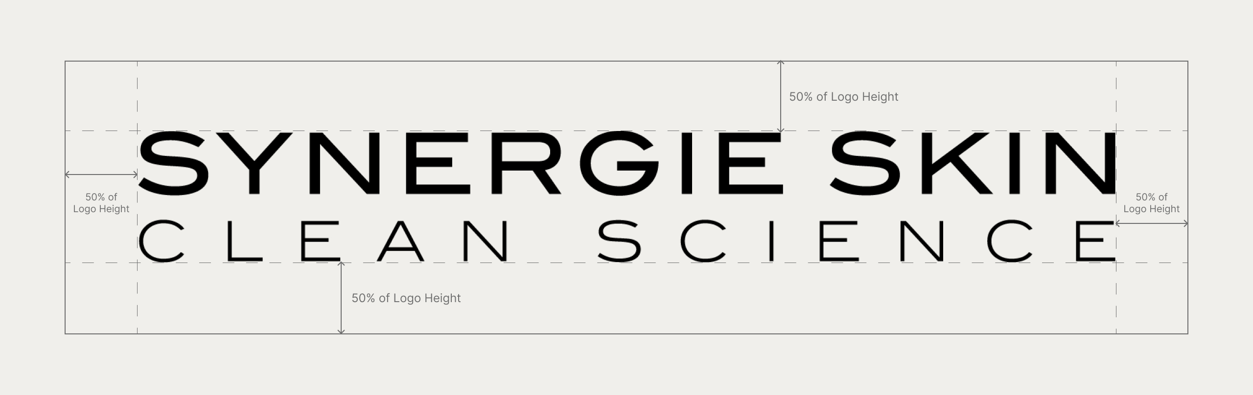 Synergie Skin logo clear-space diagram marking padding at 50% of logo height around the Clean Science wordmark
