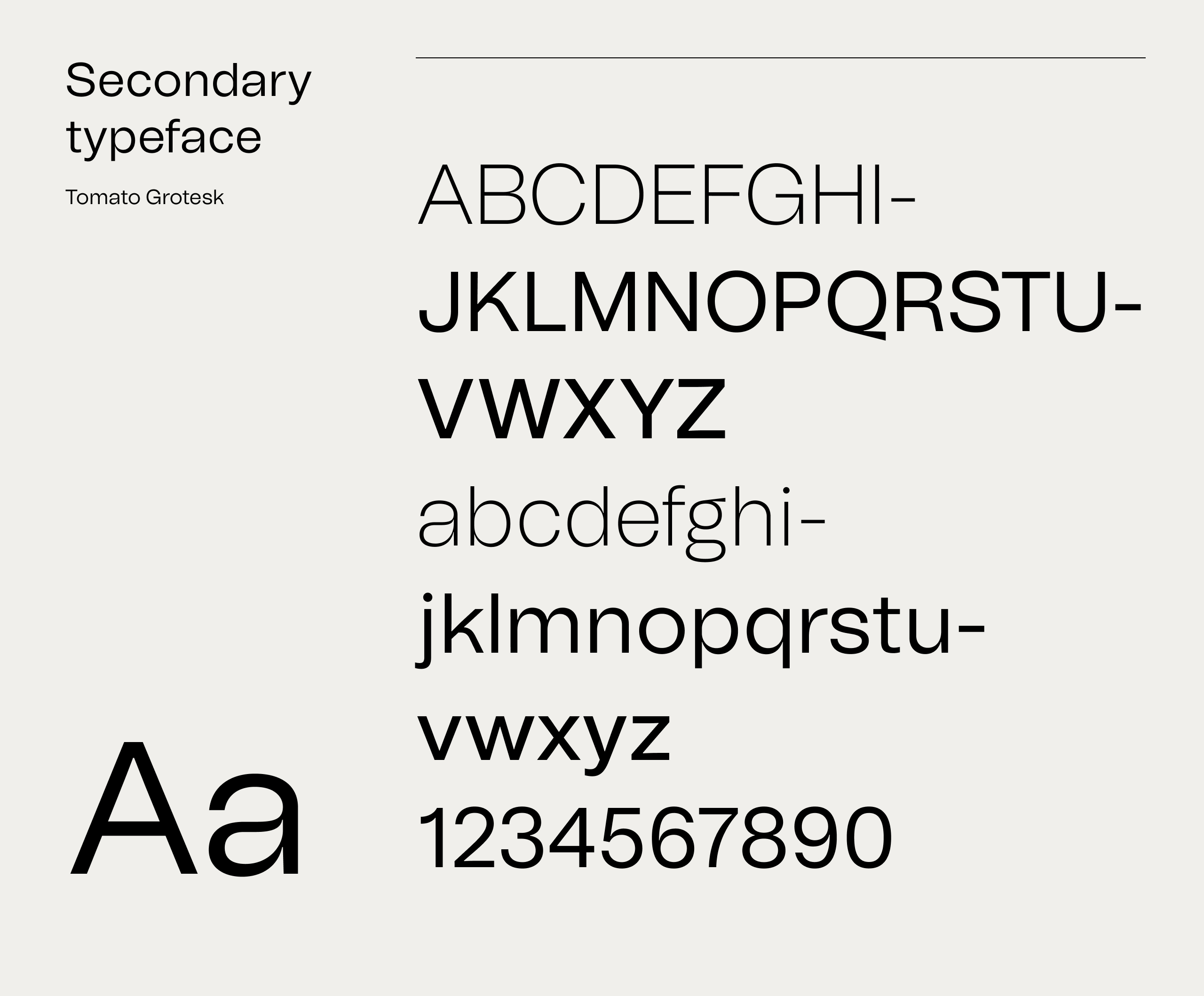 Synergie Skin secondary typeface specimen showing Tomato Grotesk in uppercase, lowercase and numerals