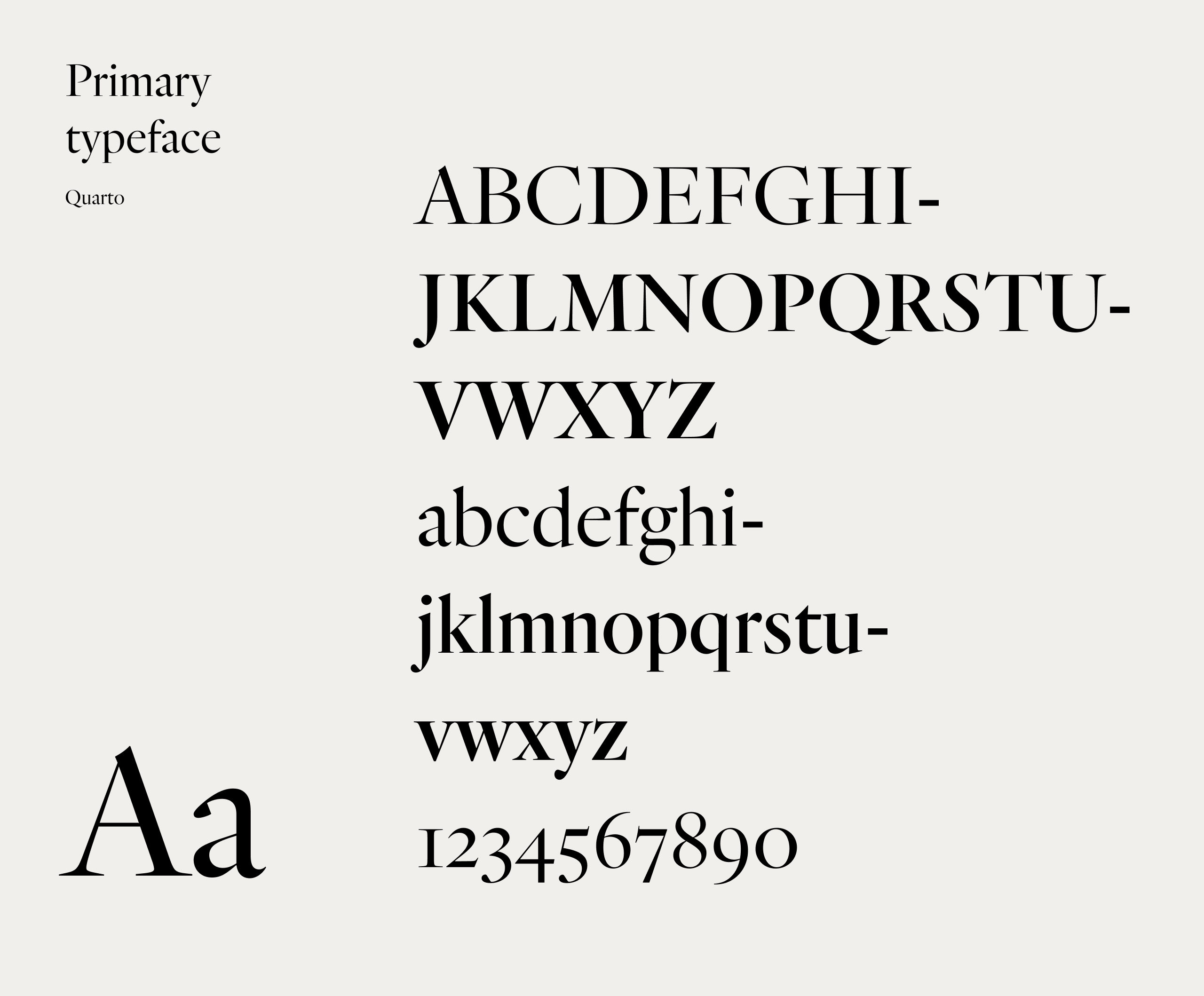 Synergie Skin primary typeface specimen showing the Quarto serif in uppercase, lowercase and numerals