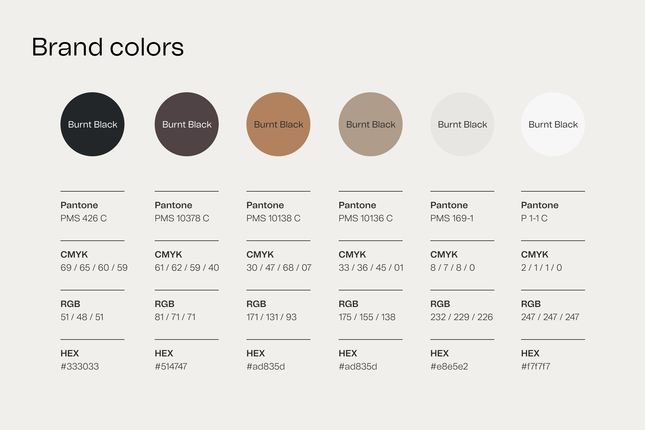 Synergie Skin brand colour circles in black, brown, tan and off-white with Pantone, CMYK, RGB and hex values