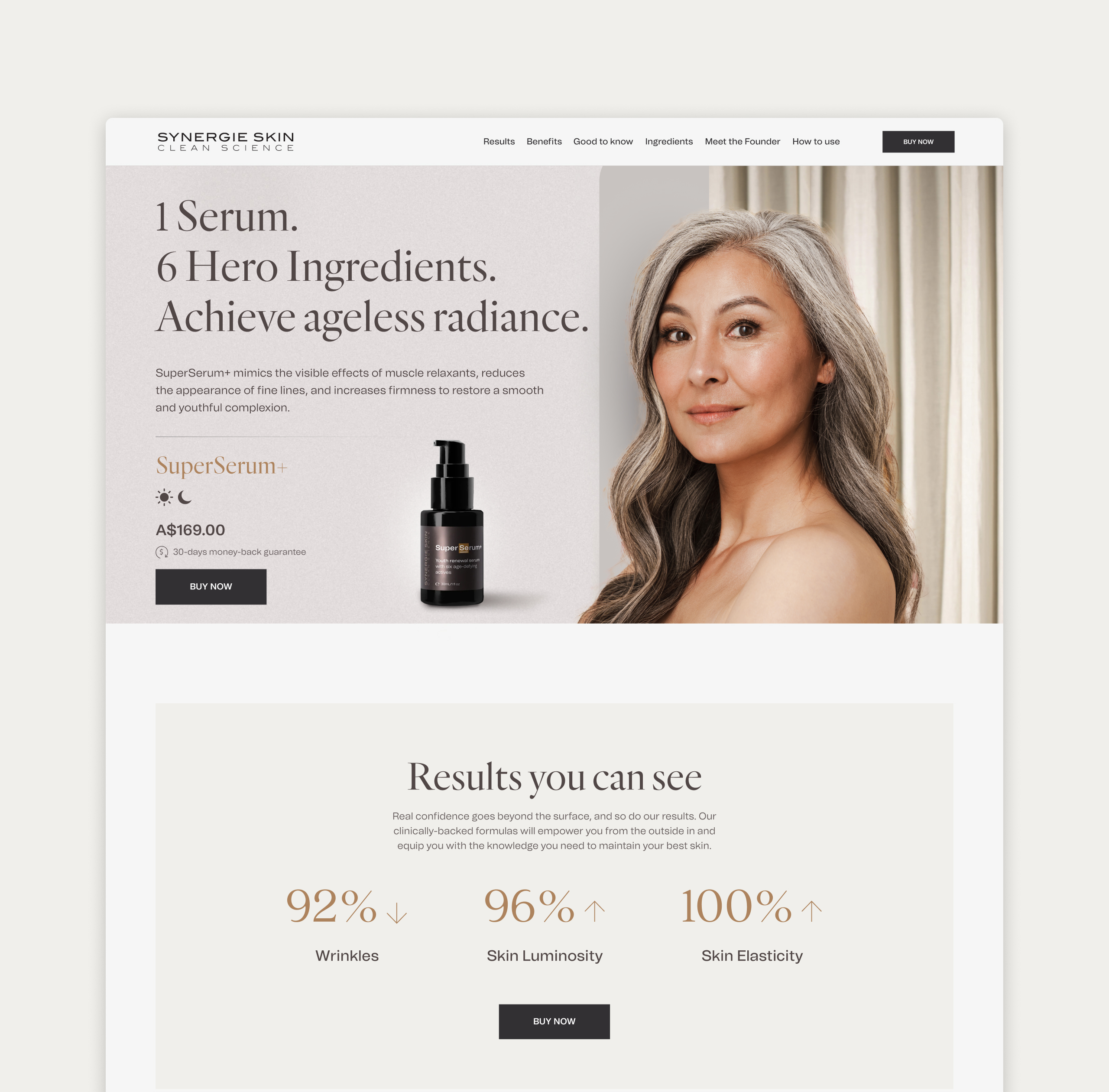 Synergie Skin SuperSerum+ product page design with the 1 Serum 6 Hero Ingredients hero and a results statistics band