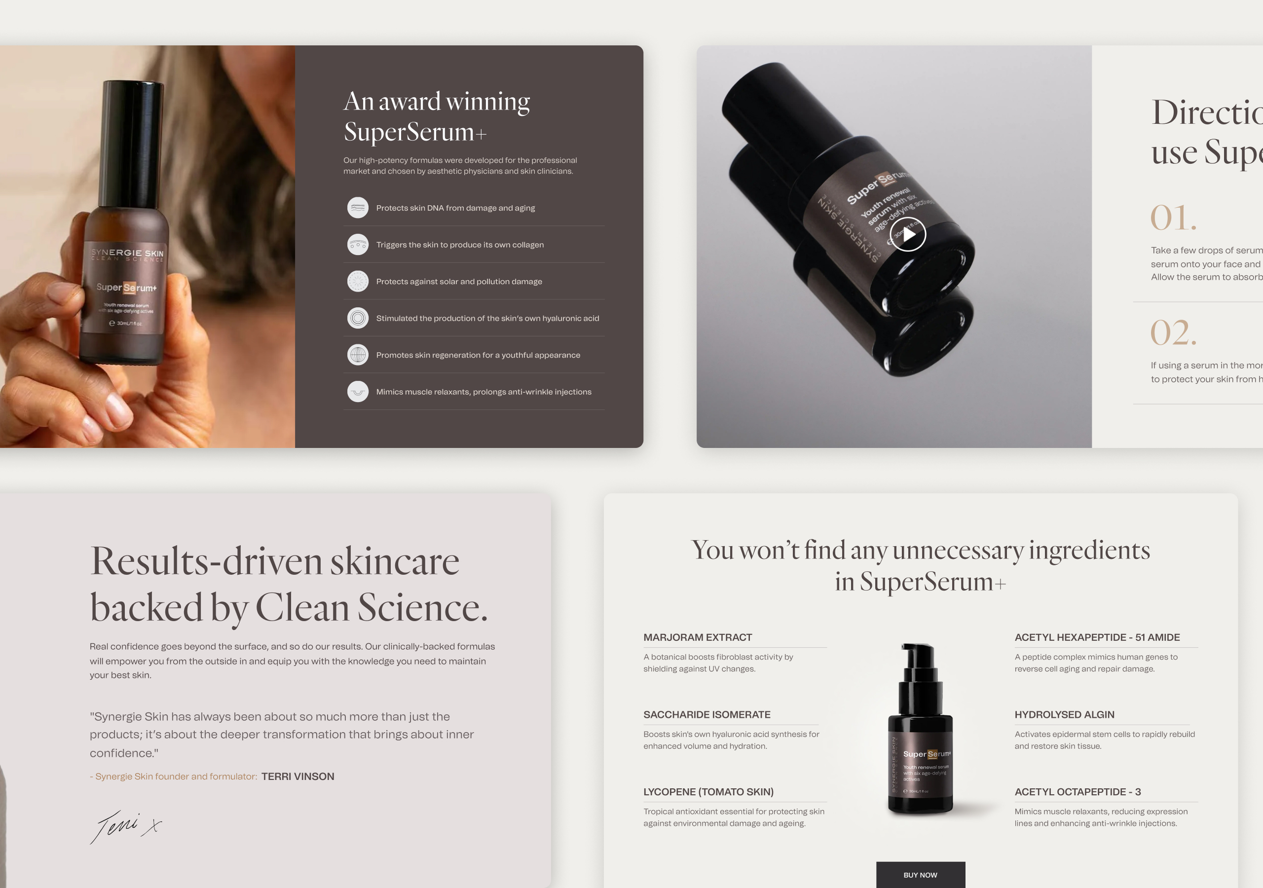 Four Synergie Skin product page sections covering SuperSerum+ benefits, a video, the founder quote and ingredient list