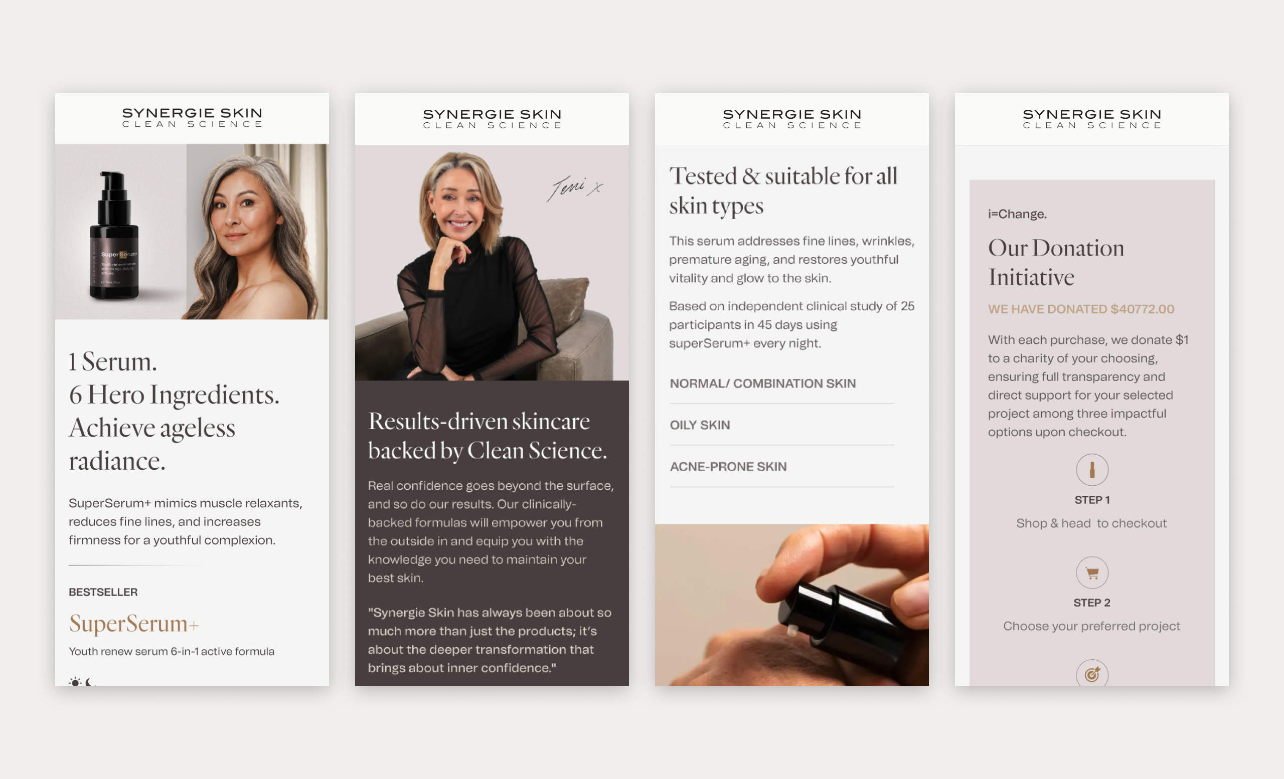 Four Synergie Skin mobile screens showing the serum hero, founder story, skin type suitability and donation initiative