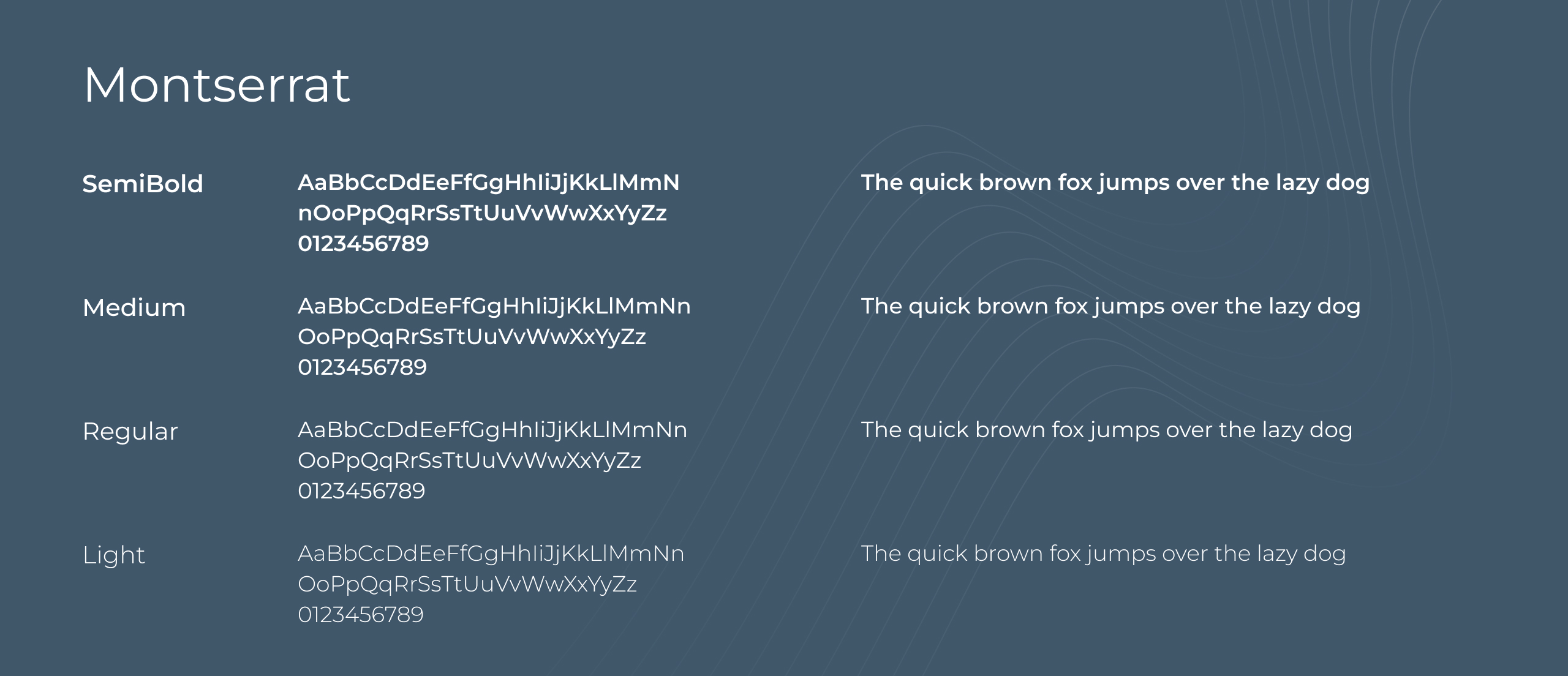 Kovent Klima typography sheet showing the Montserrat typeface in SemiBold, Medium, Regular and Light weights on slate blue