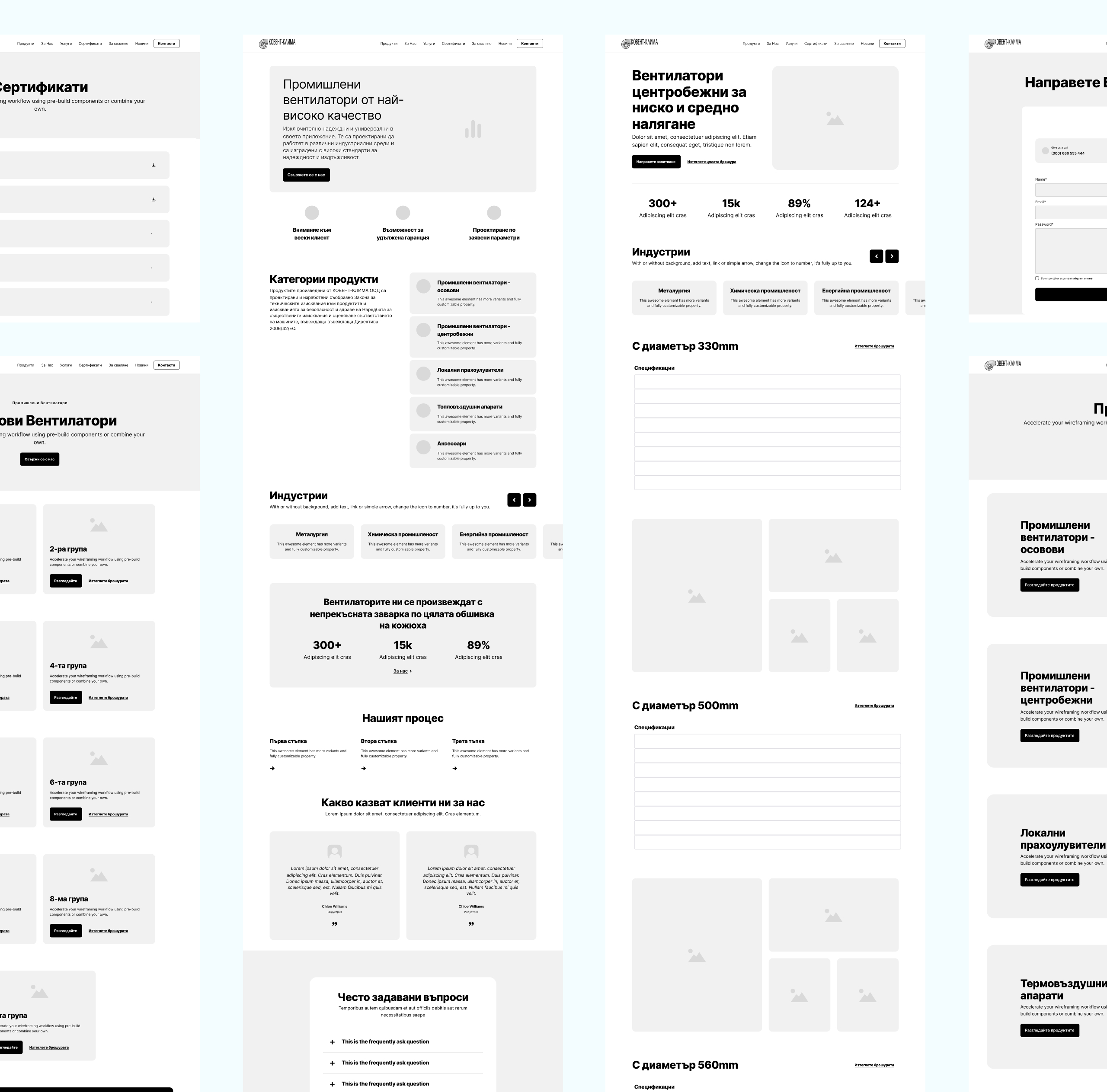 Kovent Klima low-fidelity wireframes covering the homepage, product detail, enquiry form and category pages in greyscale