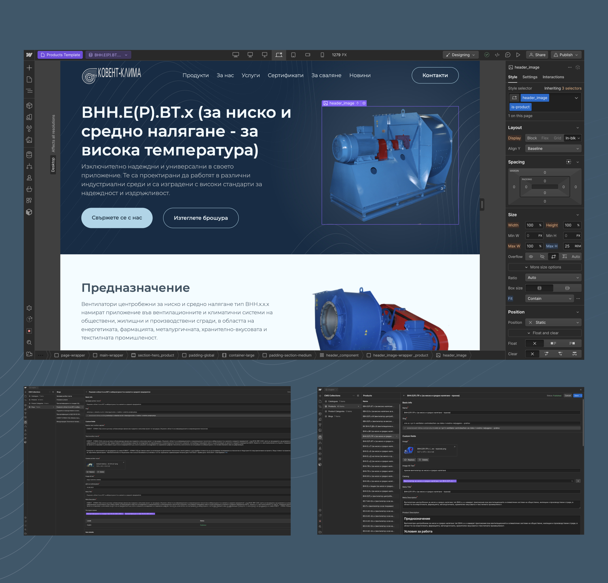 Kovent Klima product template open in the Webflow Designer with the Style panel and CMS collection editor screens below