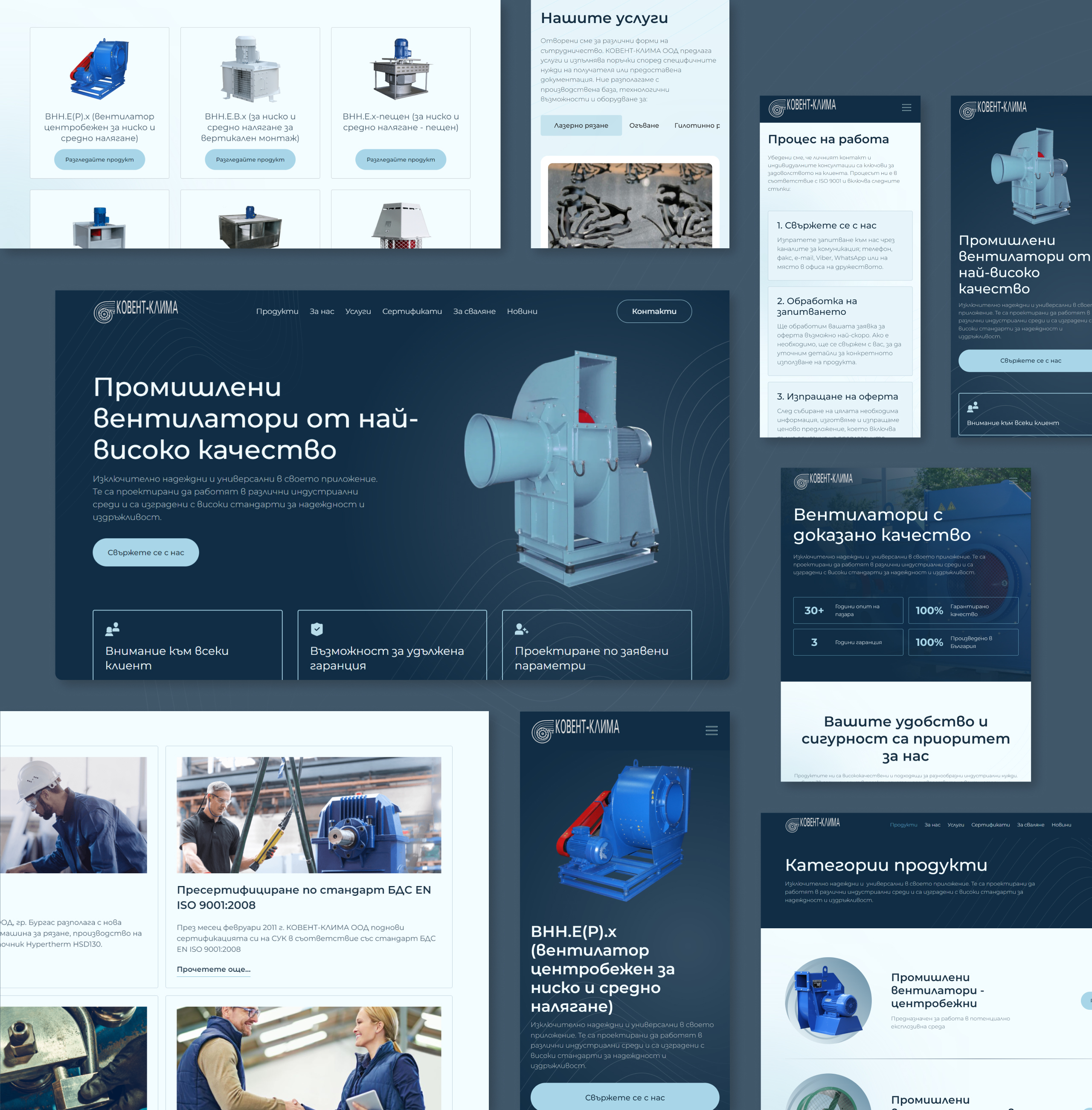 Kovent Klima desktop and mobile screens arranged on an angle, covering the homepage, product, news and quality sections