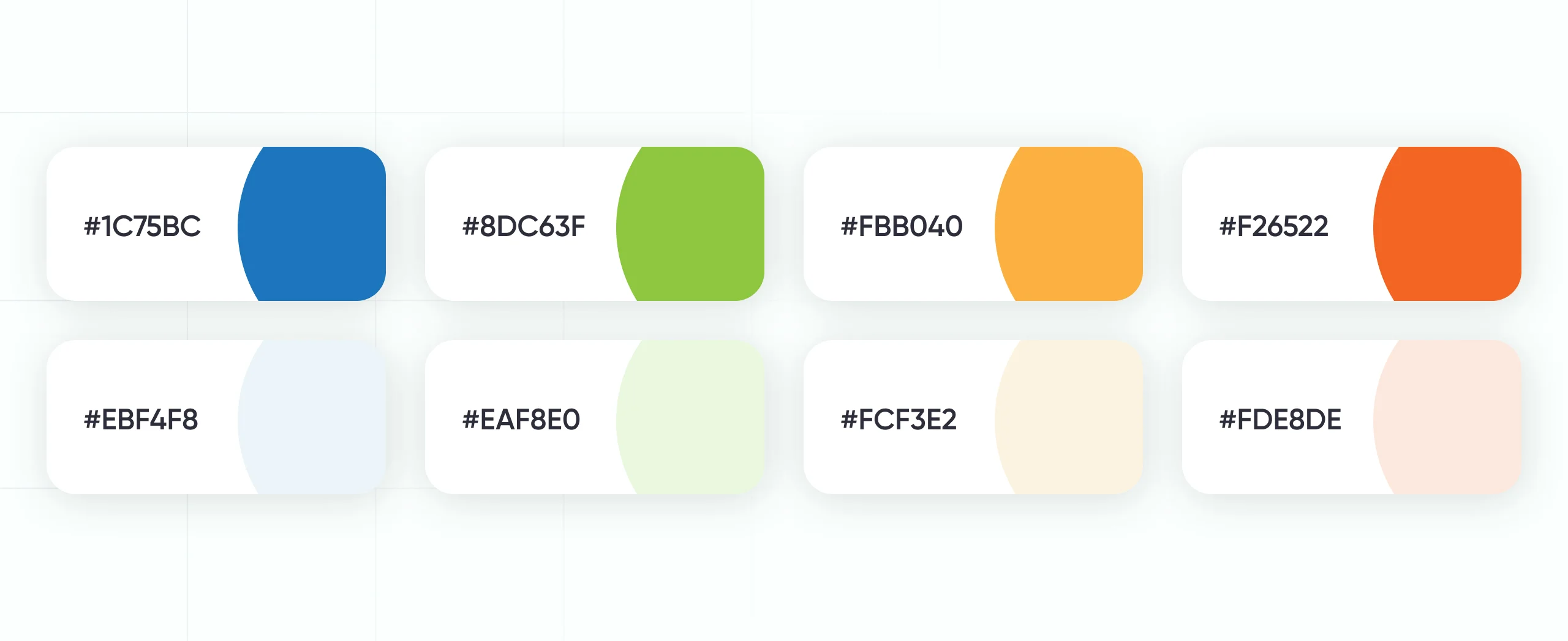 Fintrade colour palette of eight rounded cards with hex values in blue, green, amber and orange plus their pale tints