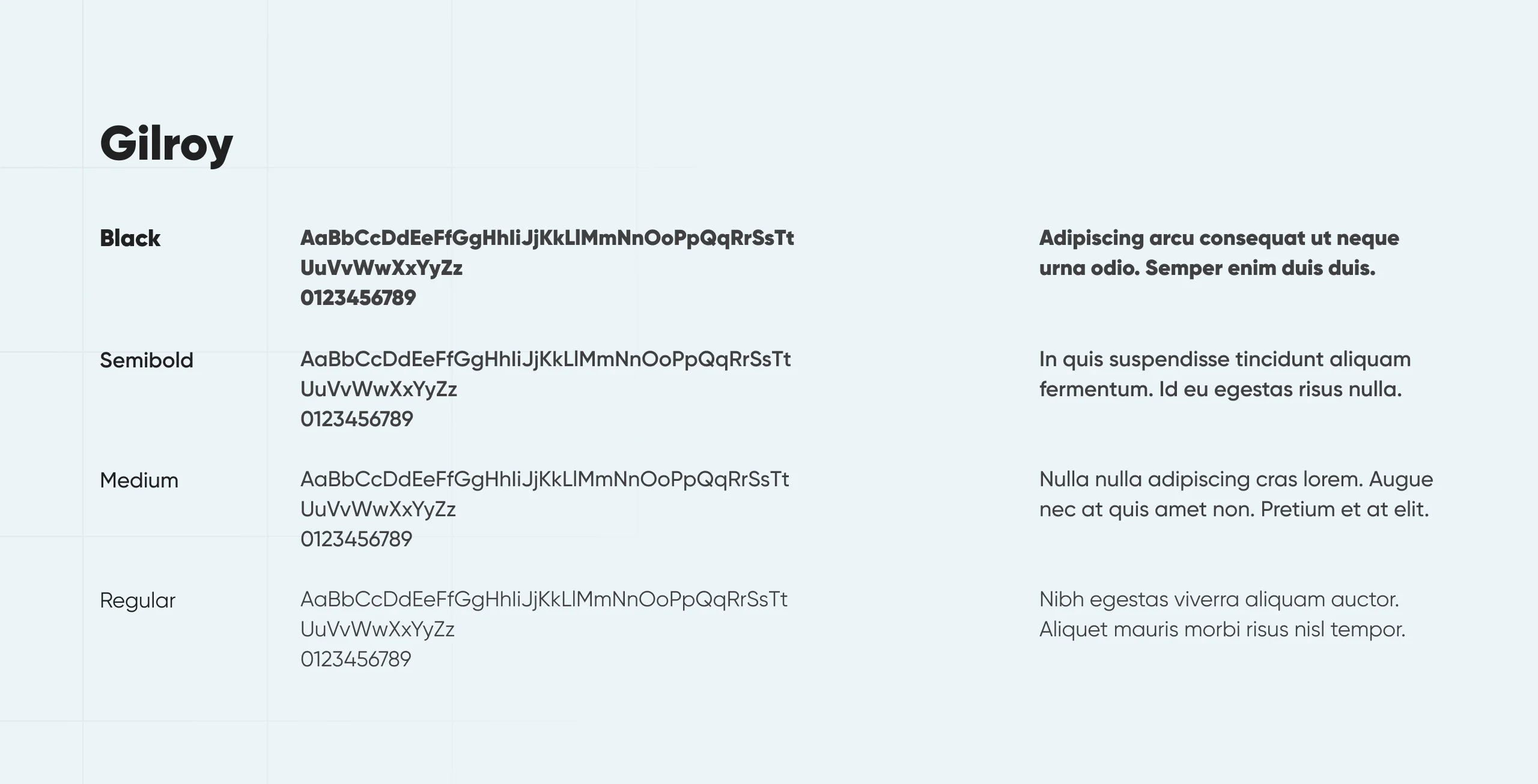 Fintrade typography sheet for the Gilroy typeface in Black, Semibold, Medium and Regular weights with sample paragraphs