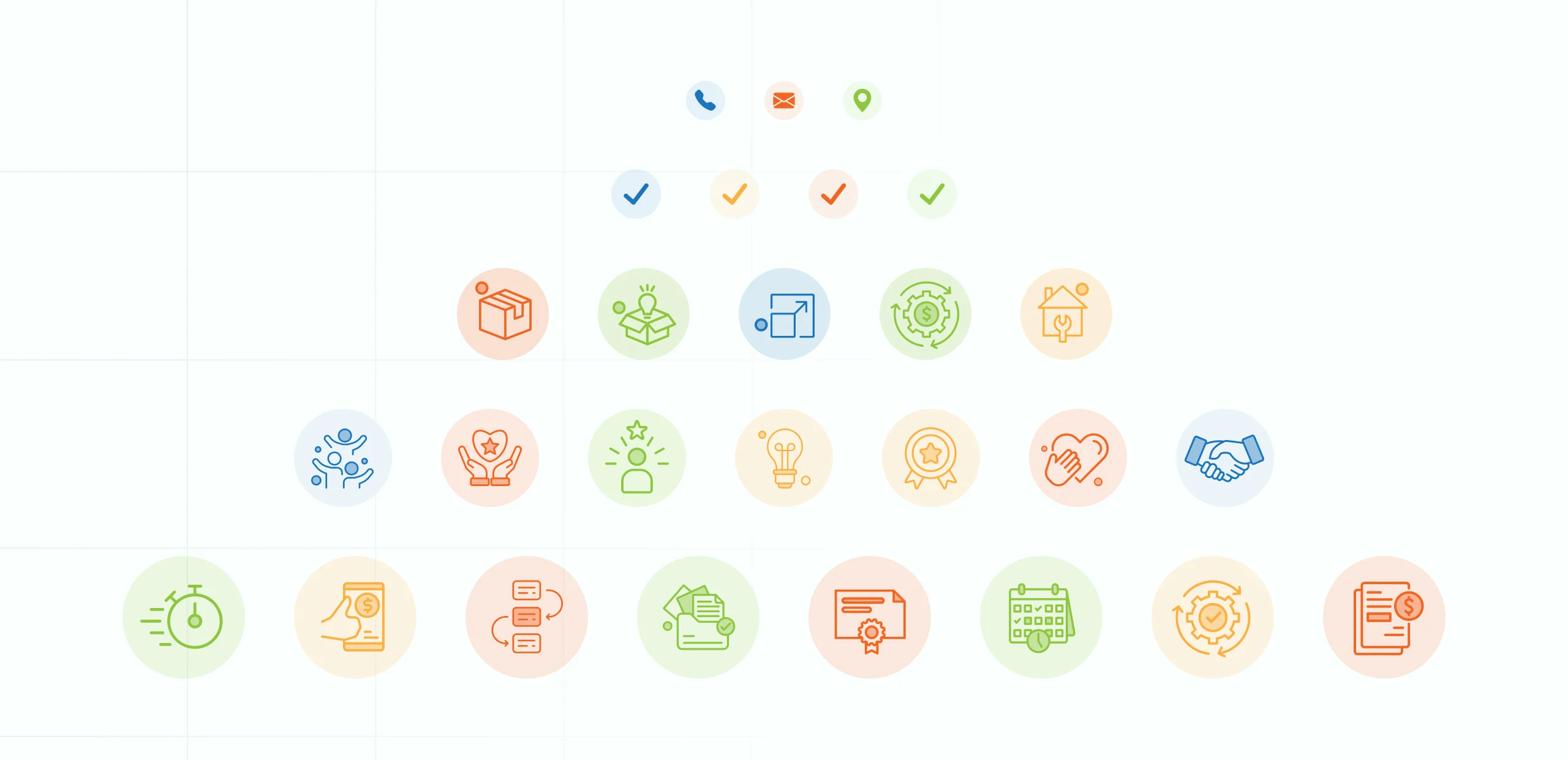 Fintrade icon set of outlined line icons in pastel blue, green, orange and red circles arranged in a stepped grid