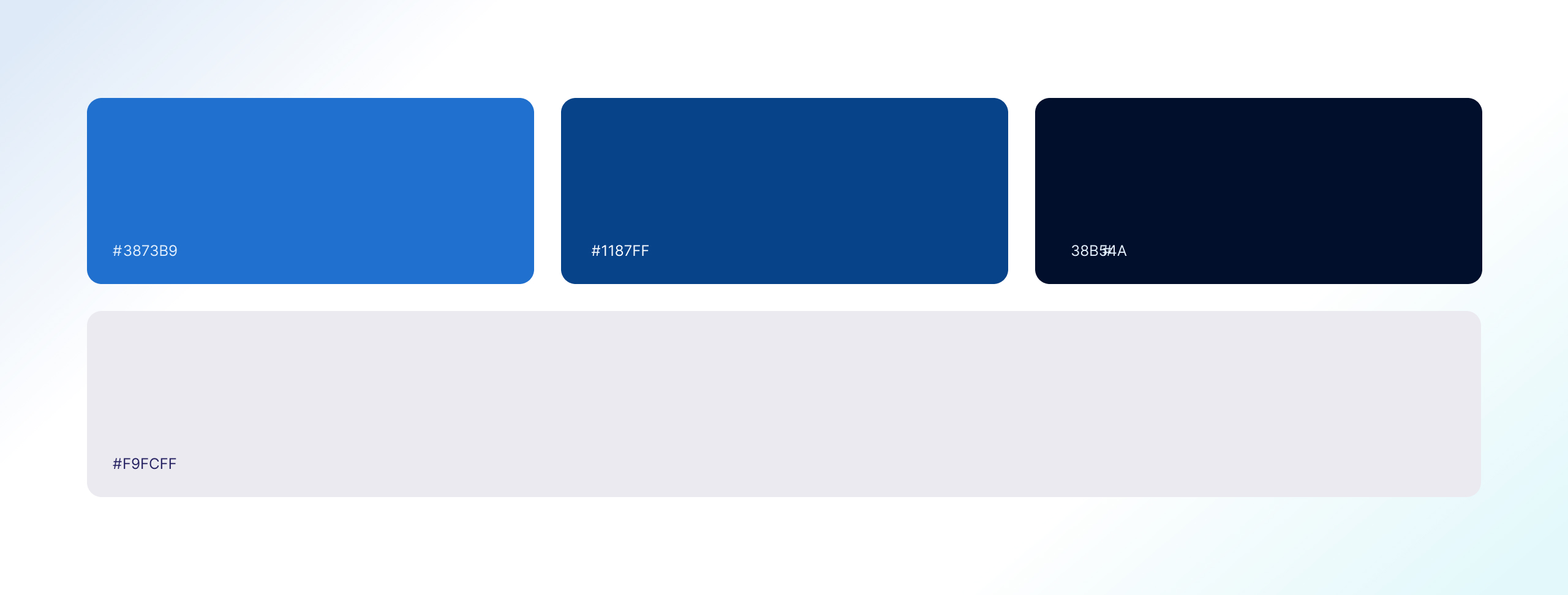 Quantum Freight colour palette of four rounded swatches with hex values in bright blue, deep blue, near-black and off-white