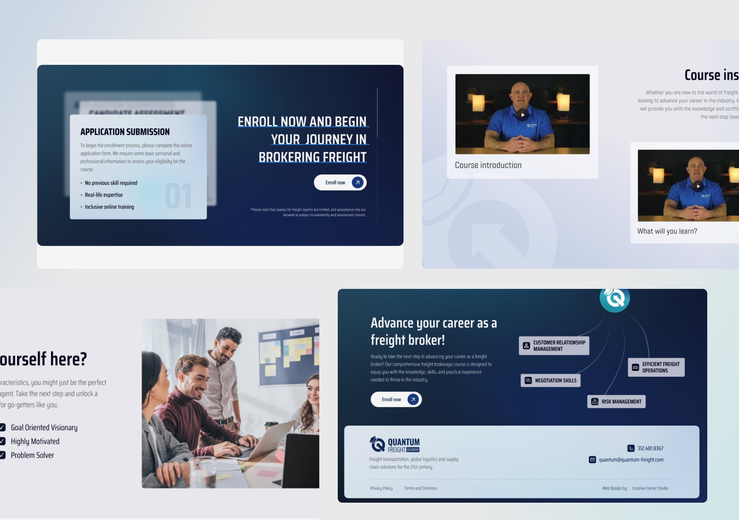 Quantum Freight page sections: enrolment call-to-action, course video cards, candidate checklist and footer skills diagram