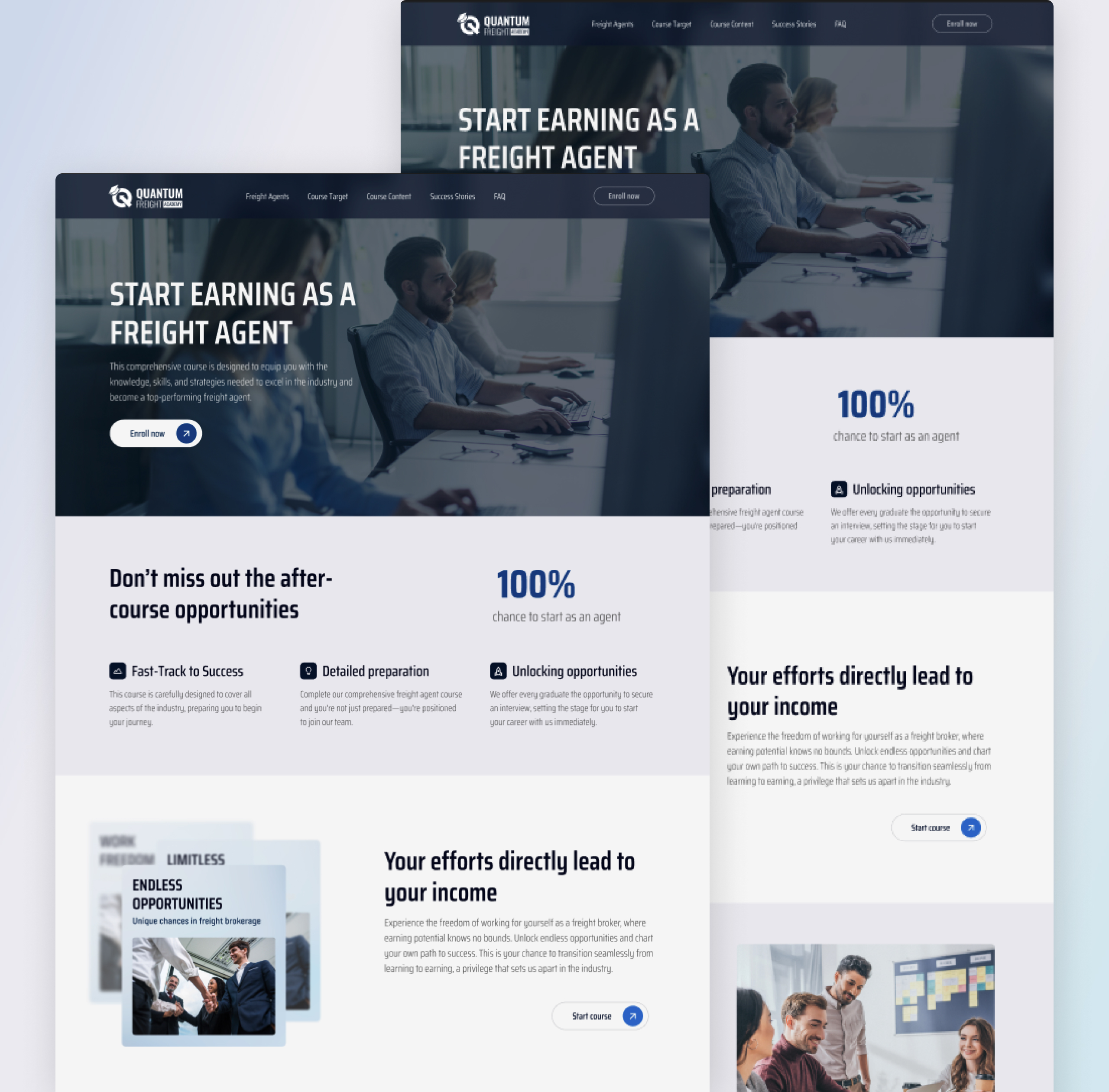 Quantum Freight landing page desktop layouts overlapping, with the freight agent hero, statistic block and income section