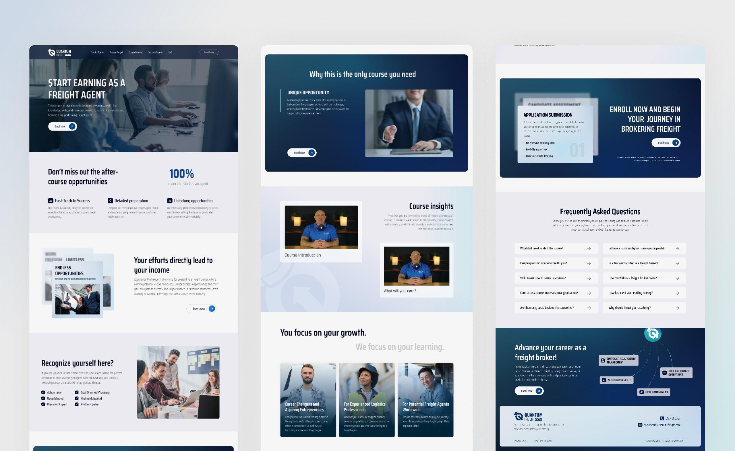 Quantum Freight full landing page shown in three stacked columns from hero through course insights to the FAQ