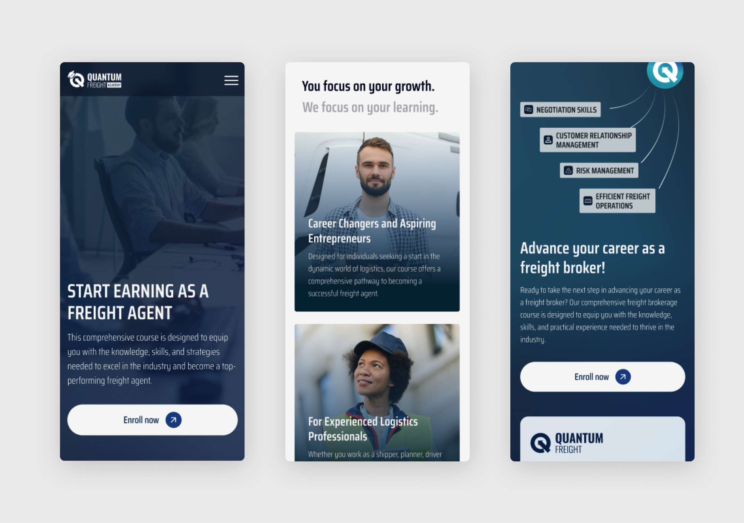Quantum Freight mobile screens showing the hero with enrol button, audience cards and the freight broker skills panel