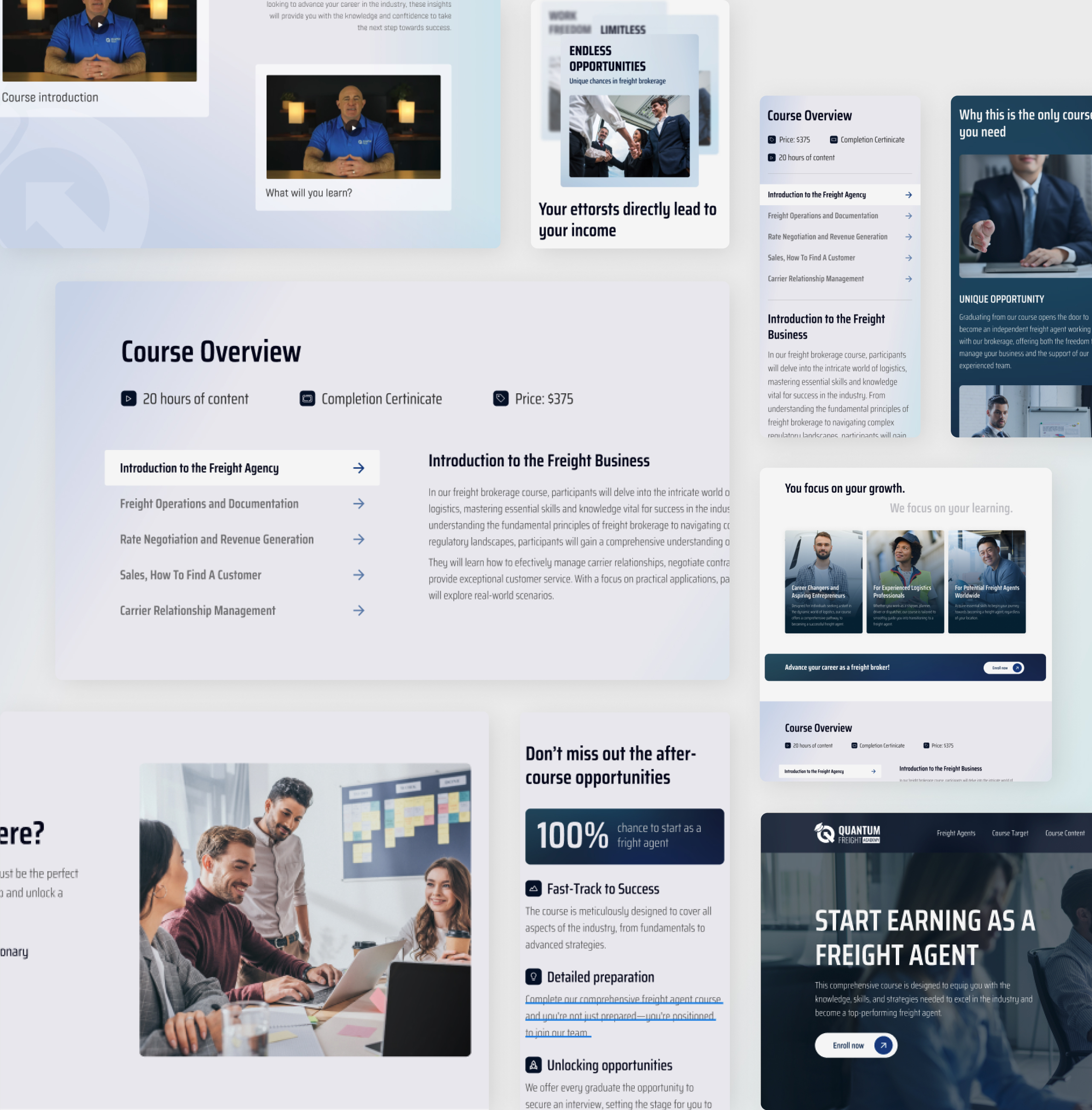 Quantum Freight course overview panel listing the modules, alongside audience cards and the landing page hero