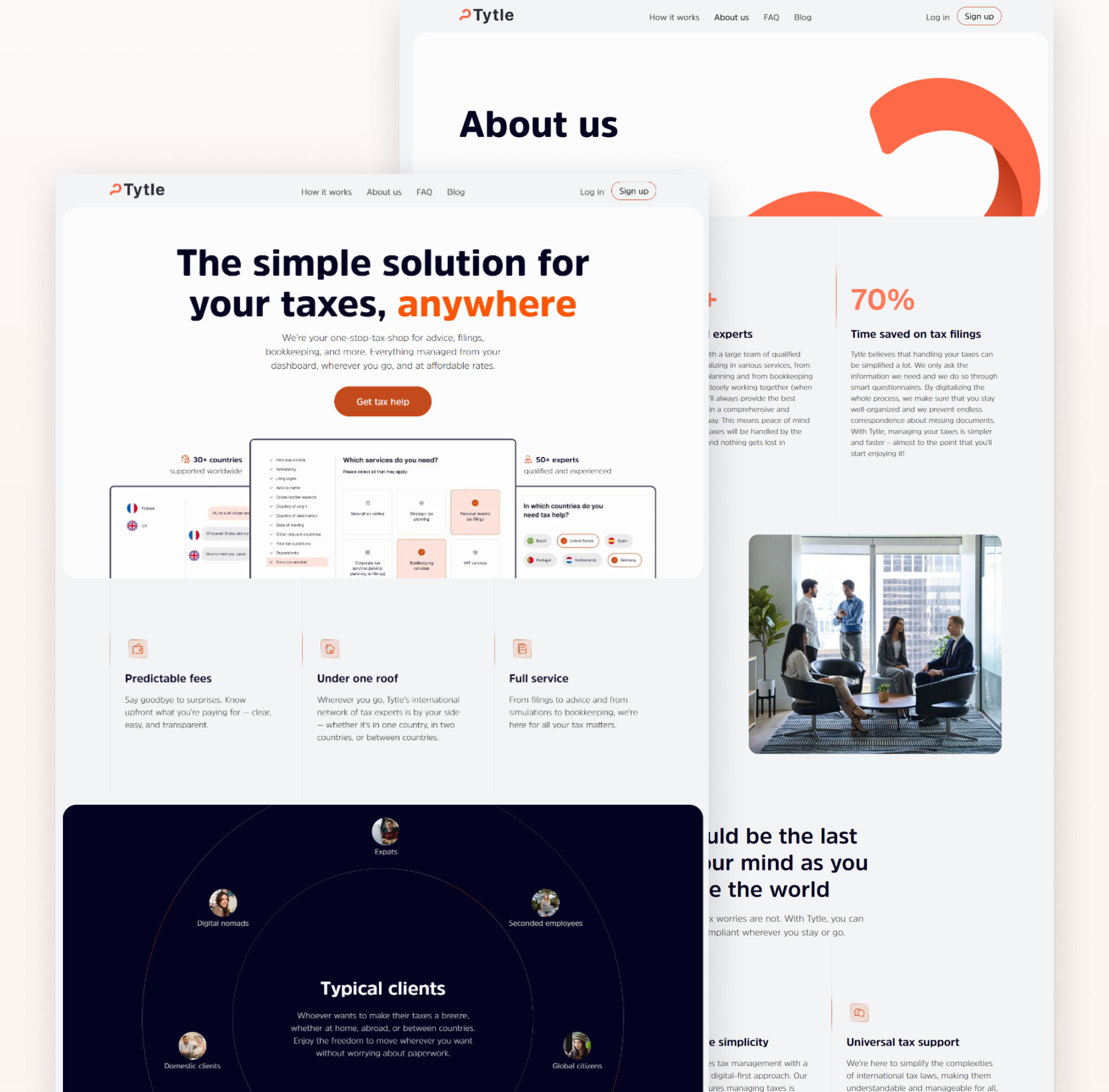Overlapping Tytle desktop mockups with the homepage hero headline and the About us page sitting behind it