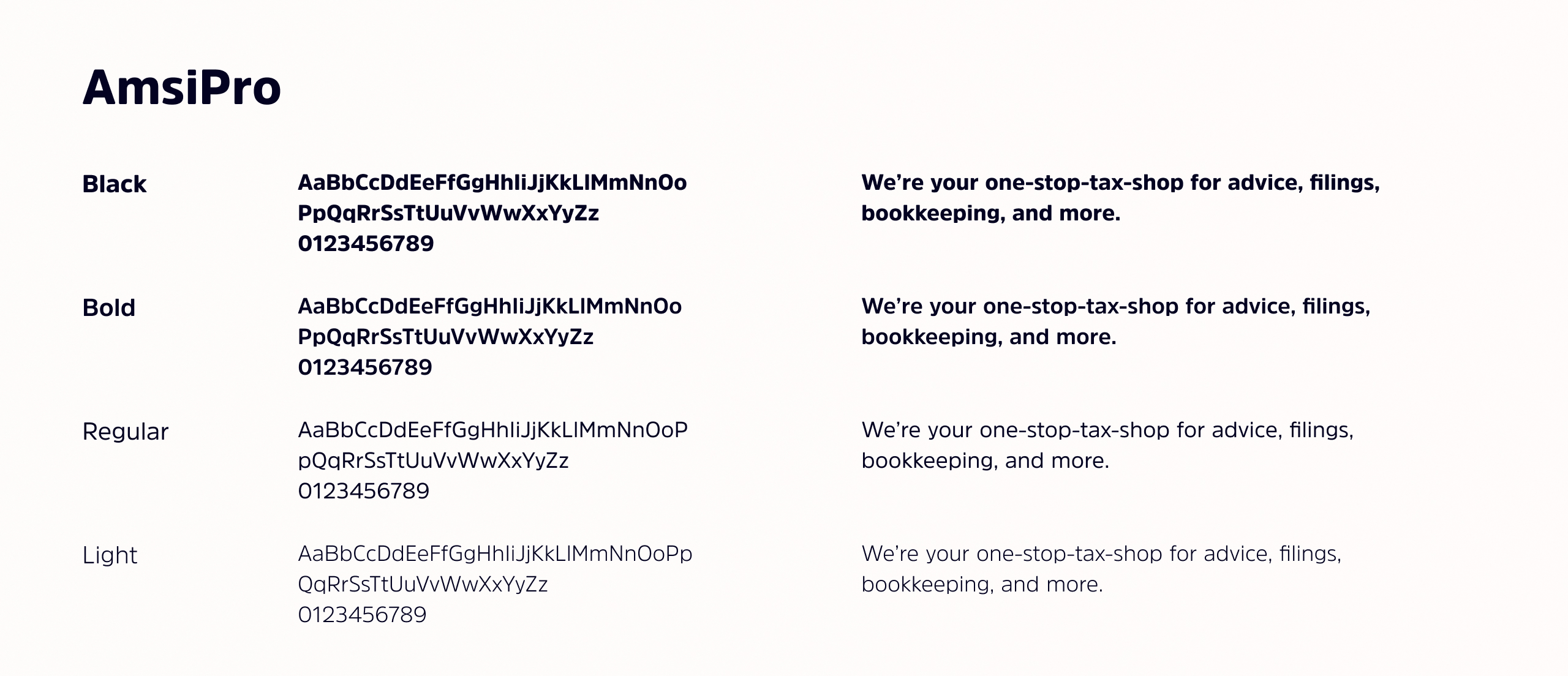 Tytle typography sheet showing the AmsiPro typeface in Black, Bold, Regular and Light with sample text