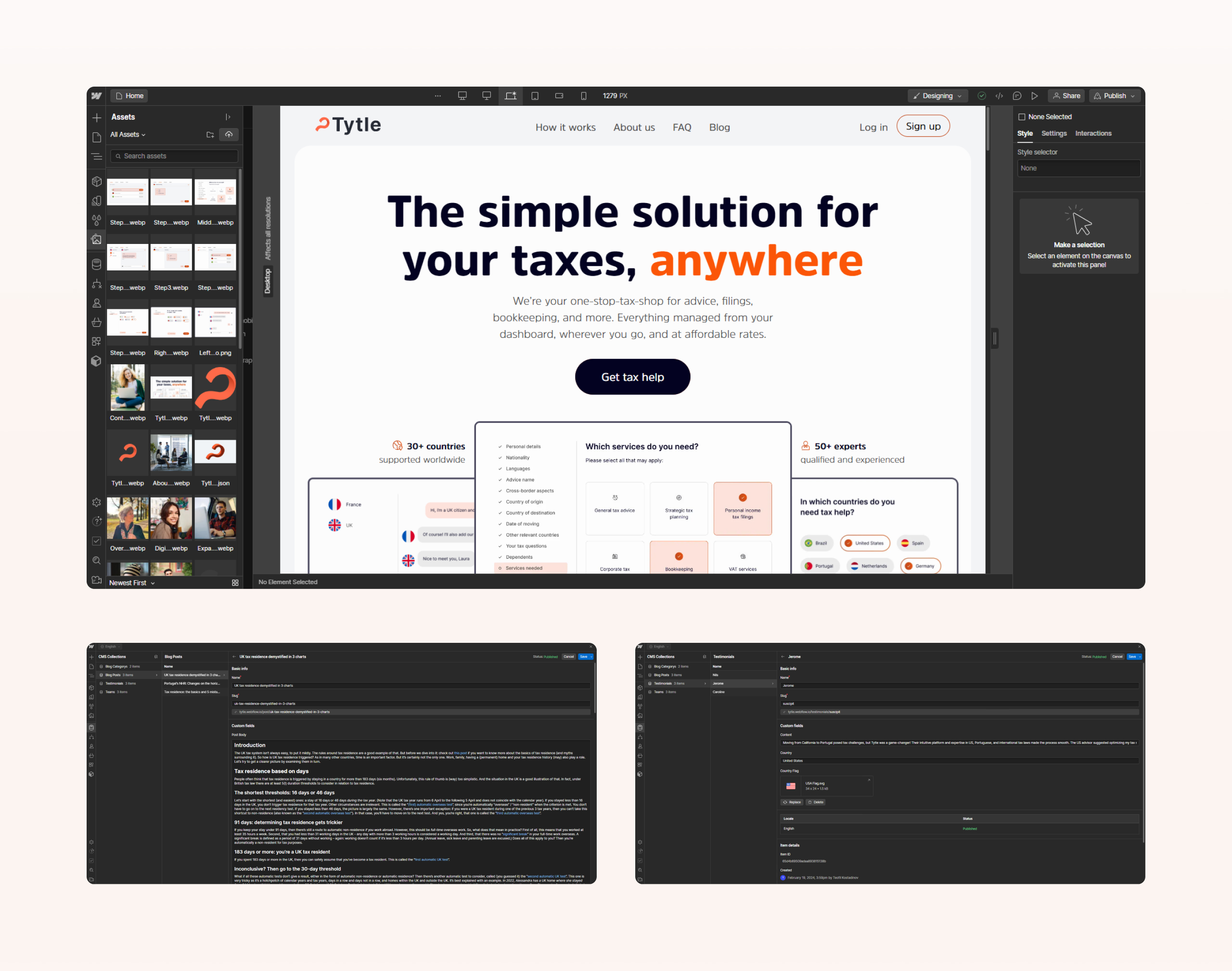 Tytle homepage open in the Webflow Designer with the Assets panel, above two Webflow CMS collection item editors
