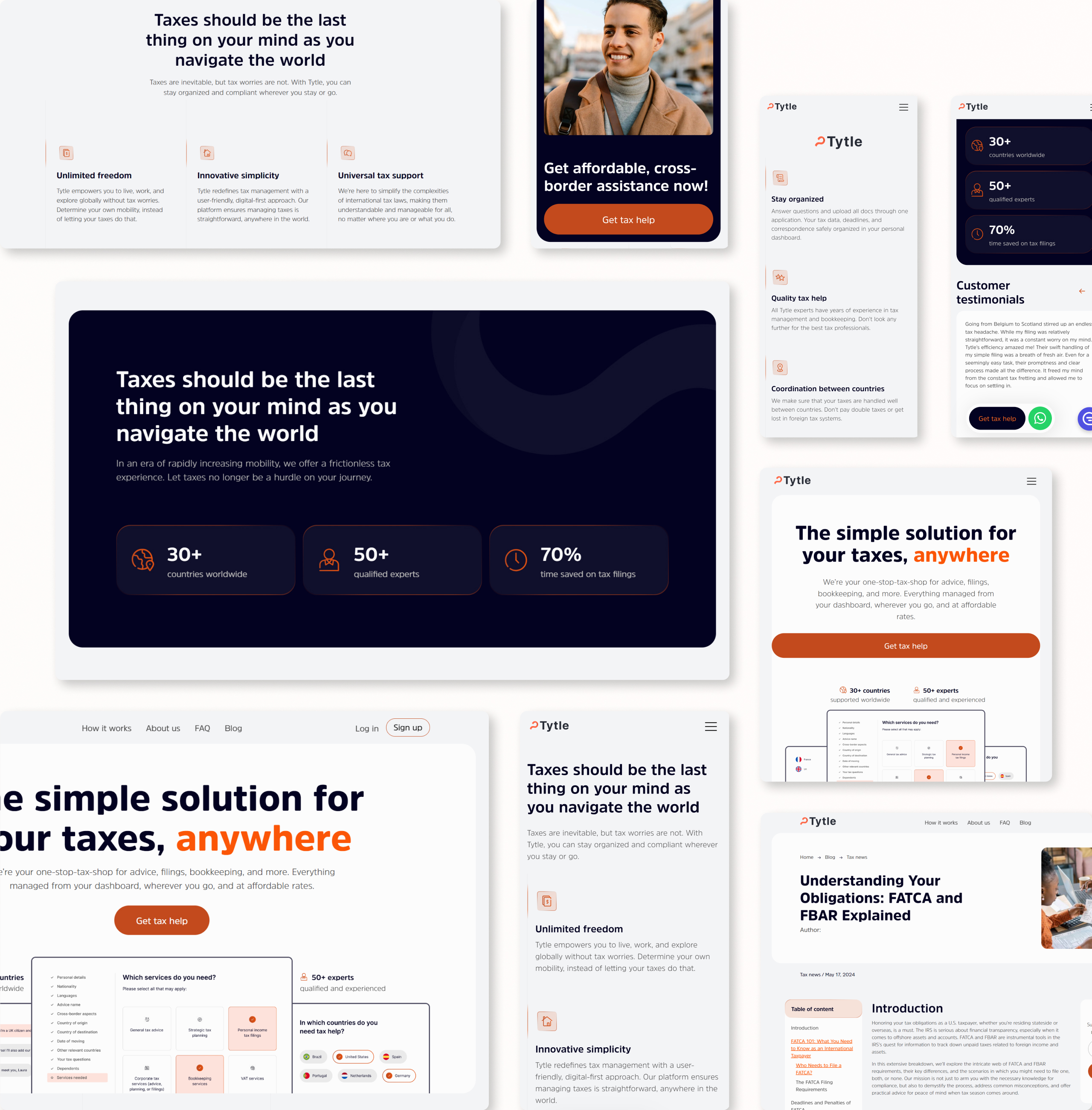 Tytle web design shown across desktop and mobile widths, including the homepage, benefits and a blog article