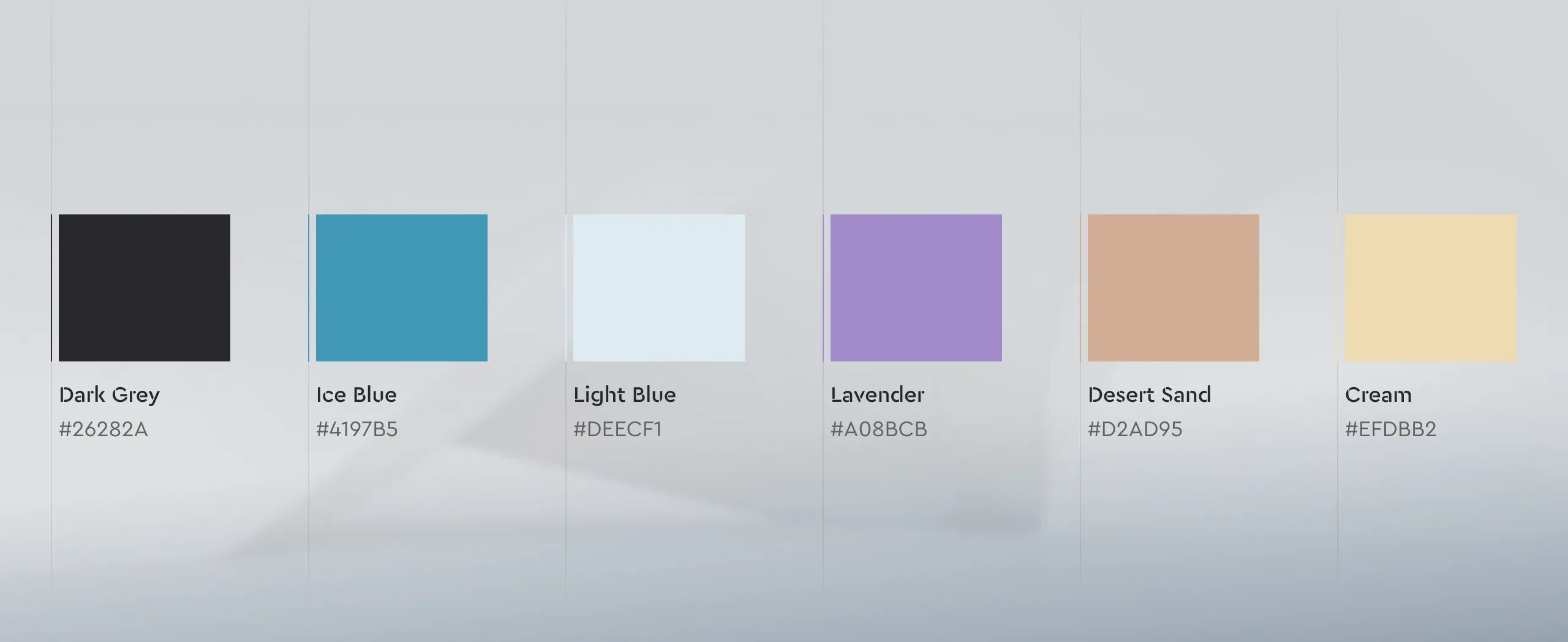 Ergomotion colour palette with six named swatches and hex values, from Dark Grey and Ice Blue through to Cream