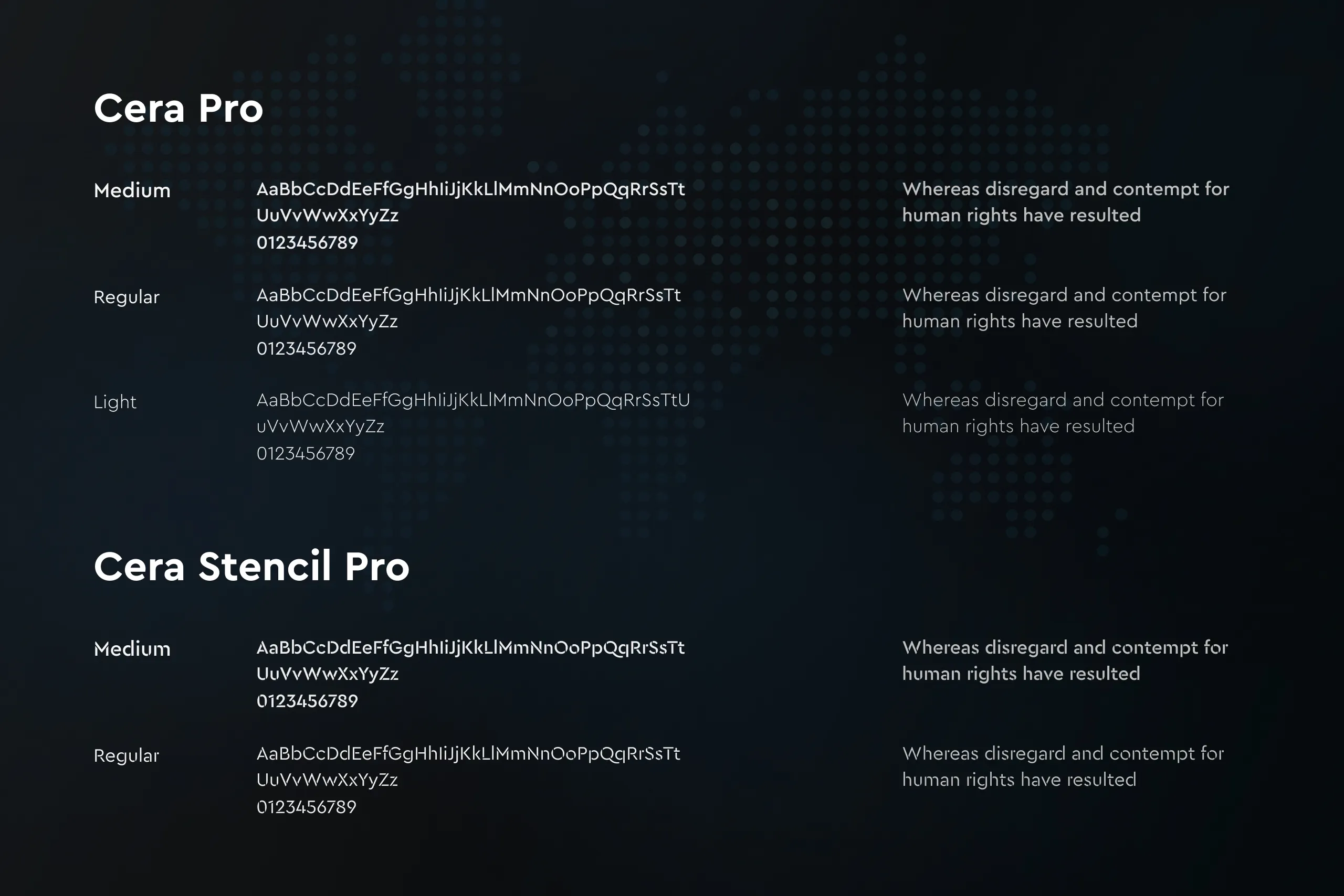 Ergomotion typography sheet on a dark dotted world map, setting out Cera Pro and Cera Stencil Pro weights