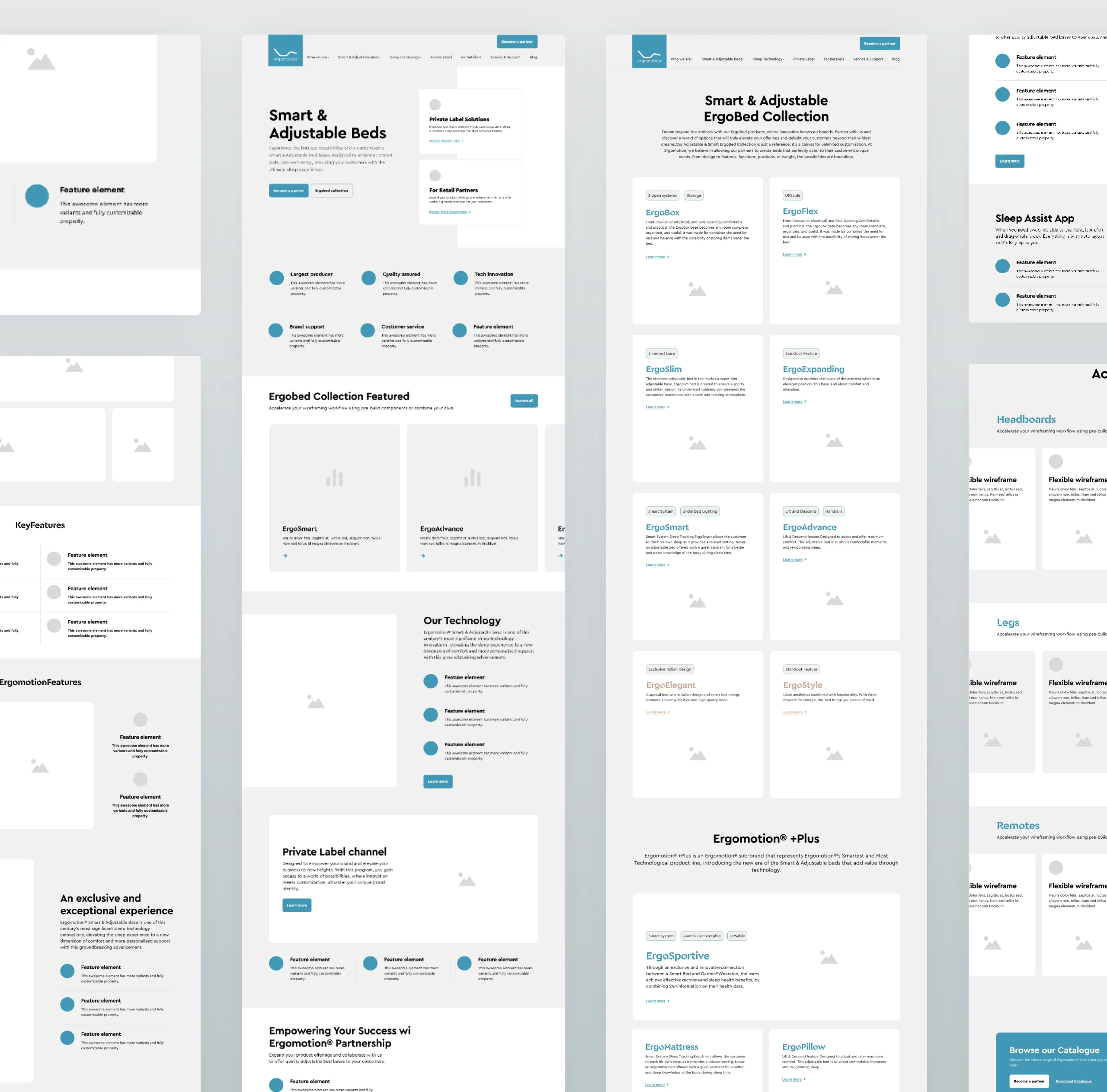 Ergomotion wireframes for the homepage, ErgoBed collection and accessories pages with placeholder blocks