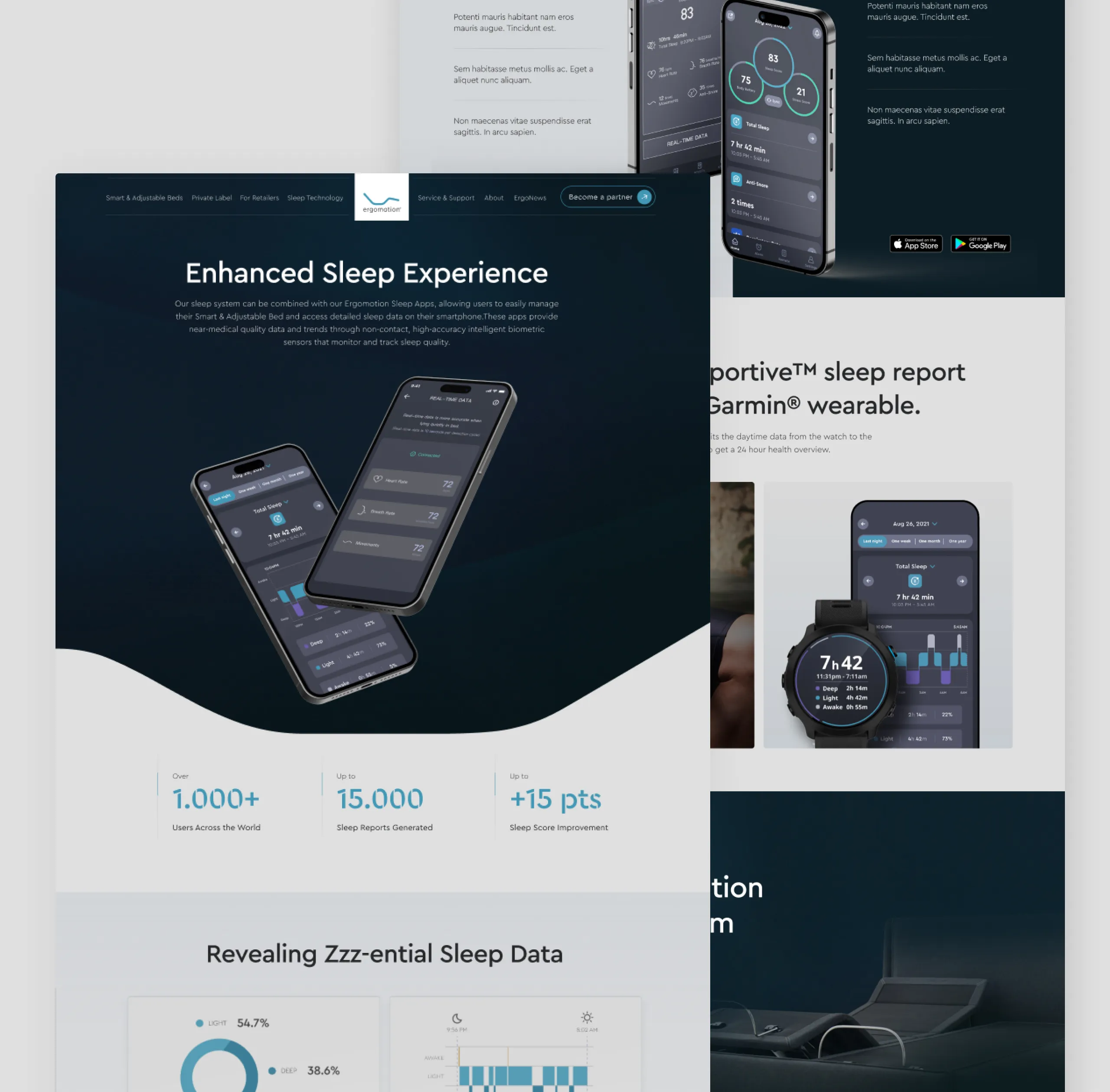 Ergomotion sleep technology page design with phone app mockups, usage figures and a Garmin watch section