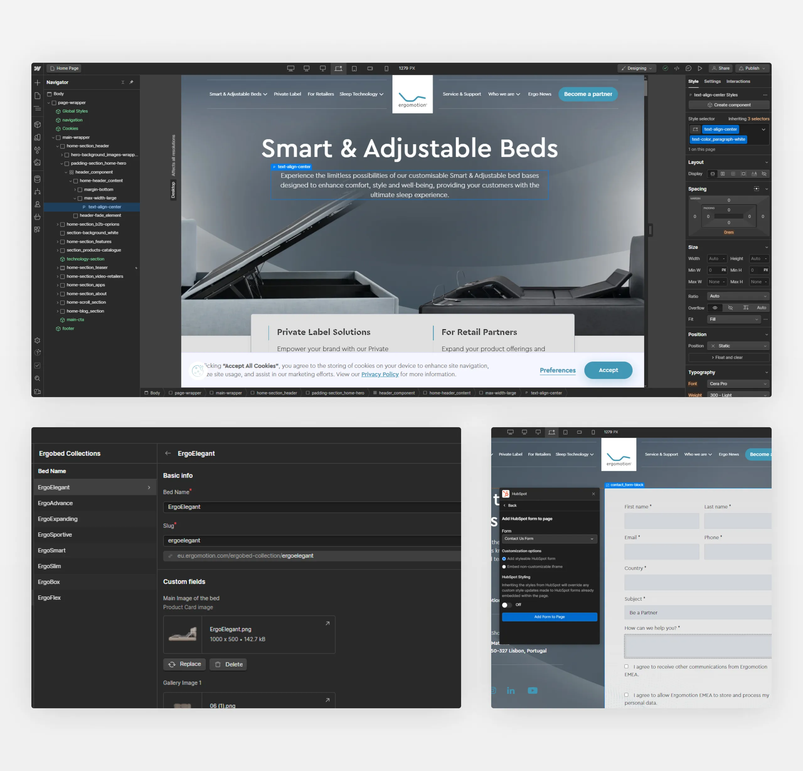 Ergomotion home page in the Webflow Designer with the Navigator and Style panels, plus the CMS editor and a HubSpot form