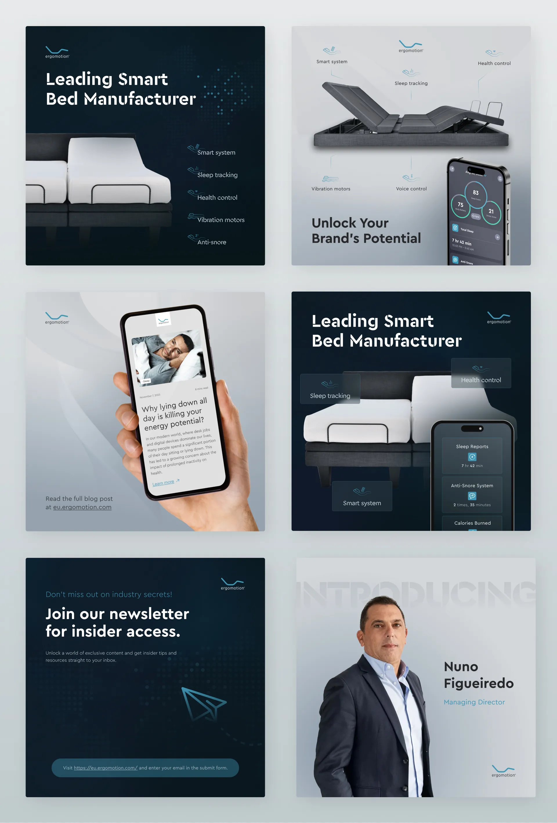Six Ergomotion social media banners covering adjustable beds, the sleep app, a newsletter promo and a director portrait