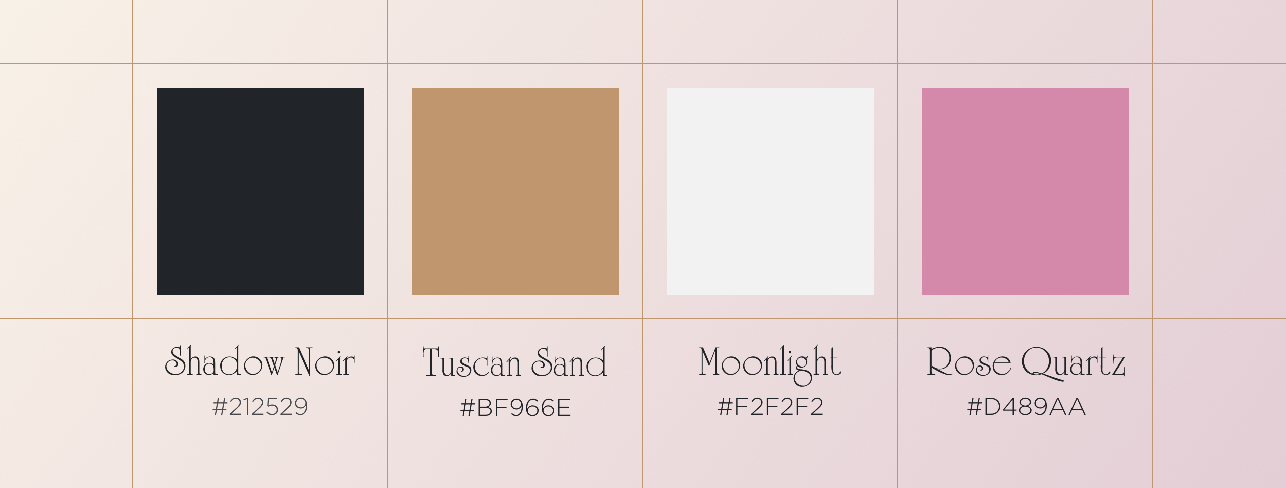 Blesscent colour palette with four named swatches and hex values: Shadow Noir, Tuscan Sand, Moonlight and Rose Quartz