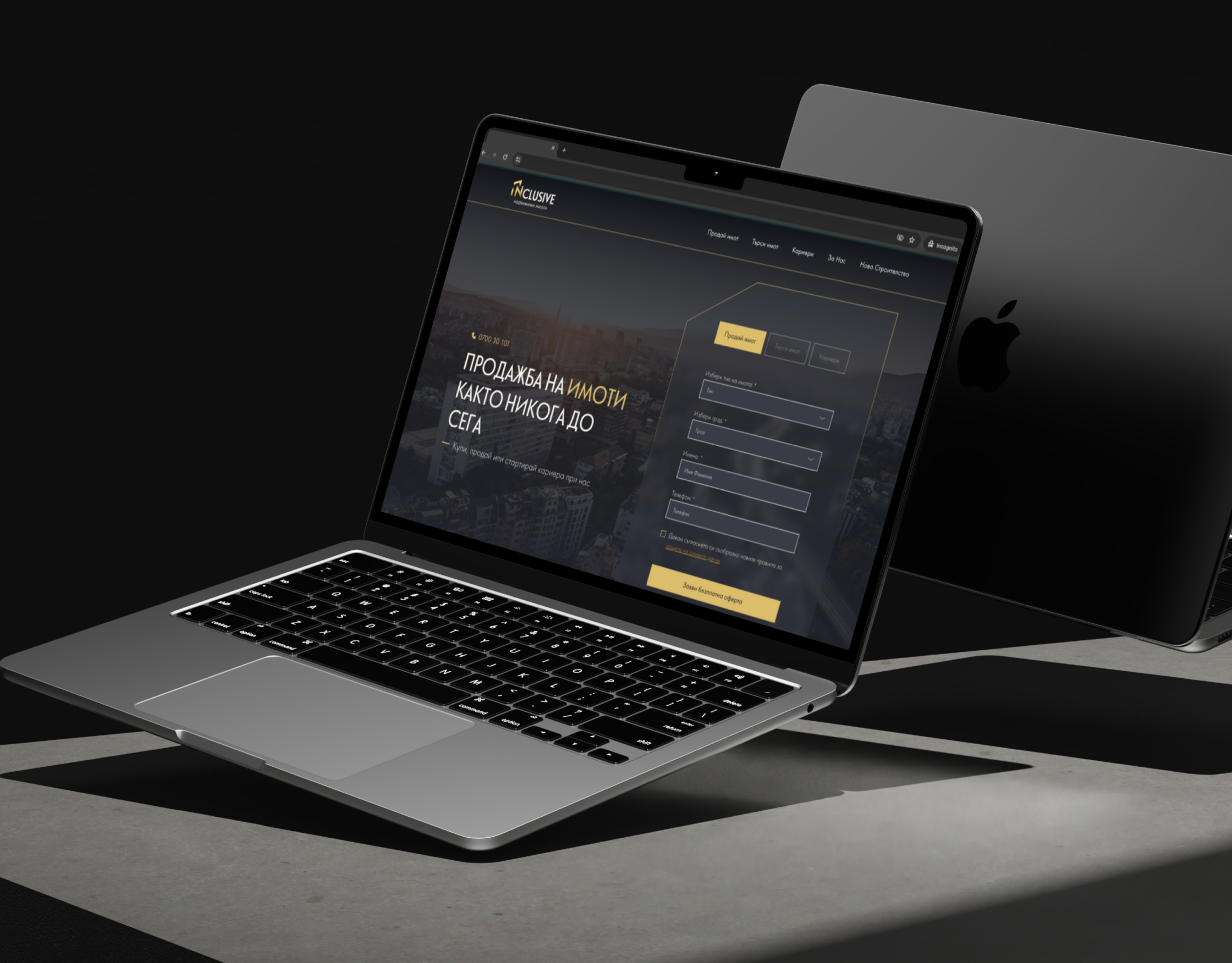 INclusive's property listing homepage on two dark laptops, showing the hero enquiry form and gold branding