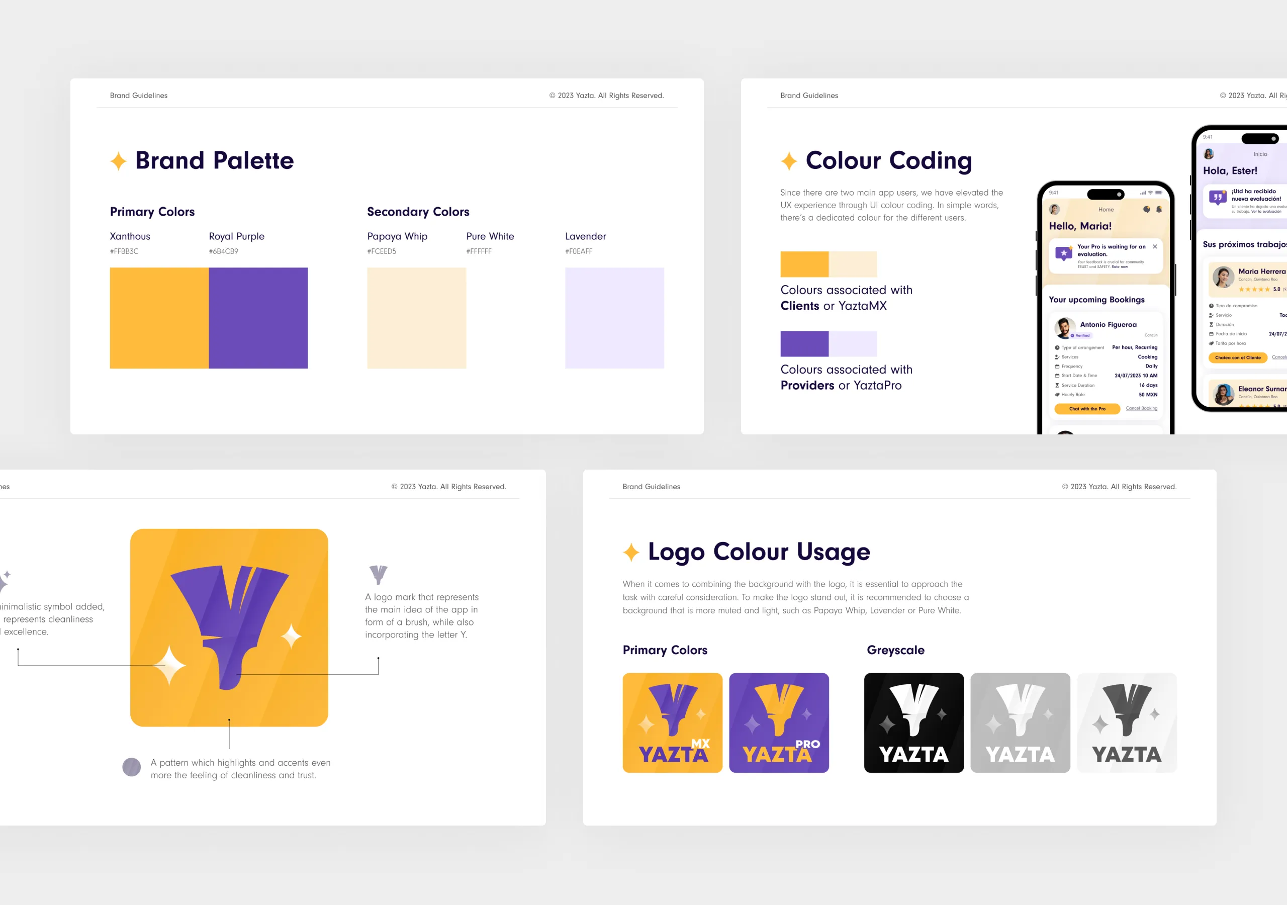 Four Yazta brand guideline pages covering the palette, colour coding by user type and logo colour usage