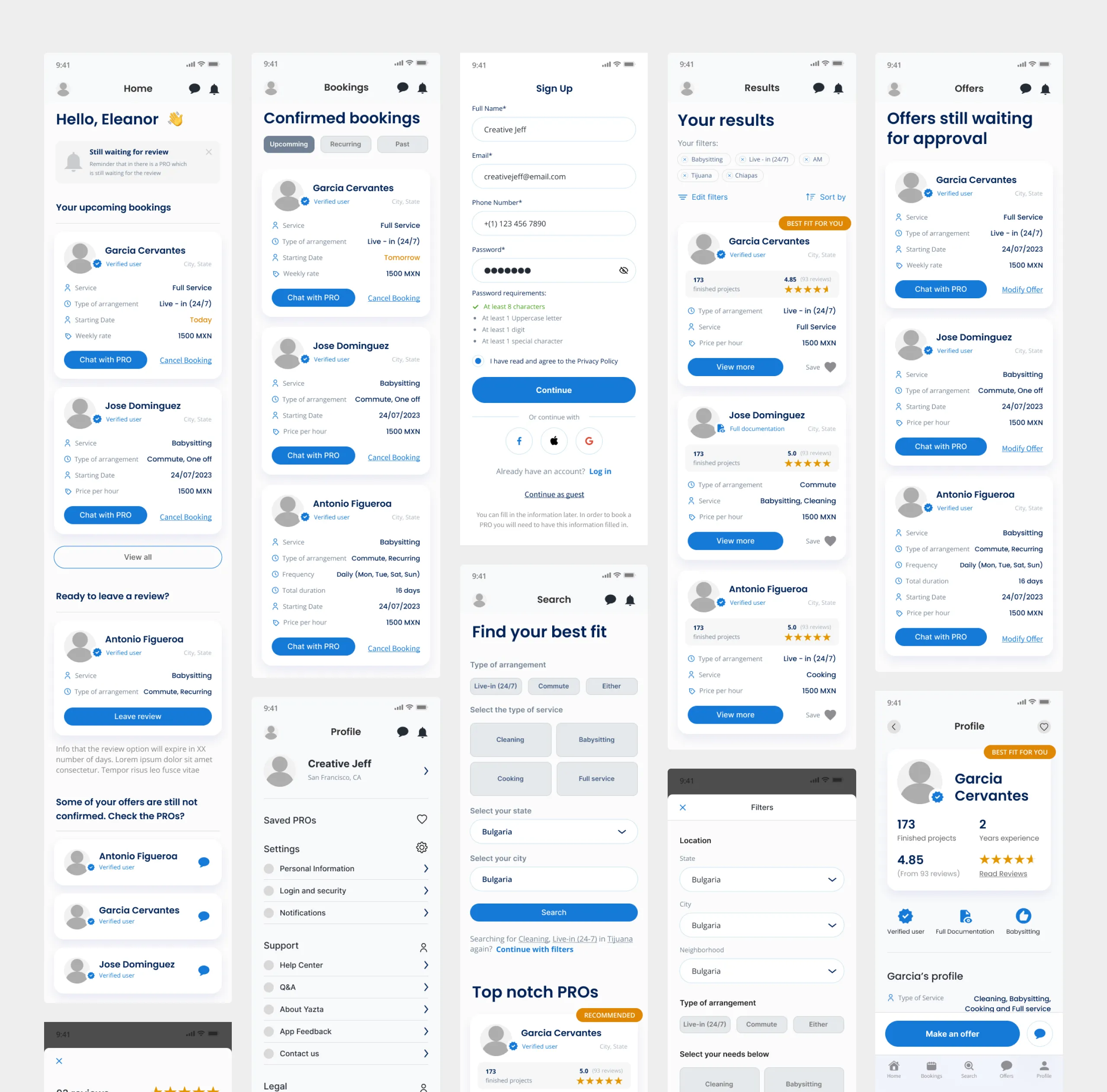 Greyscale Yazta app wireframes for the home, bookings, sign up, search, results, offers and profile screens