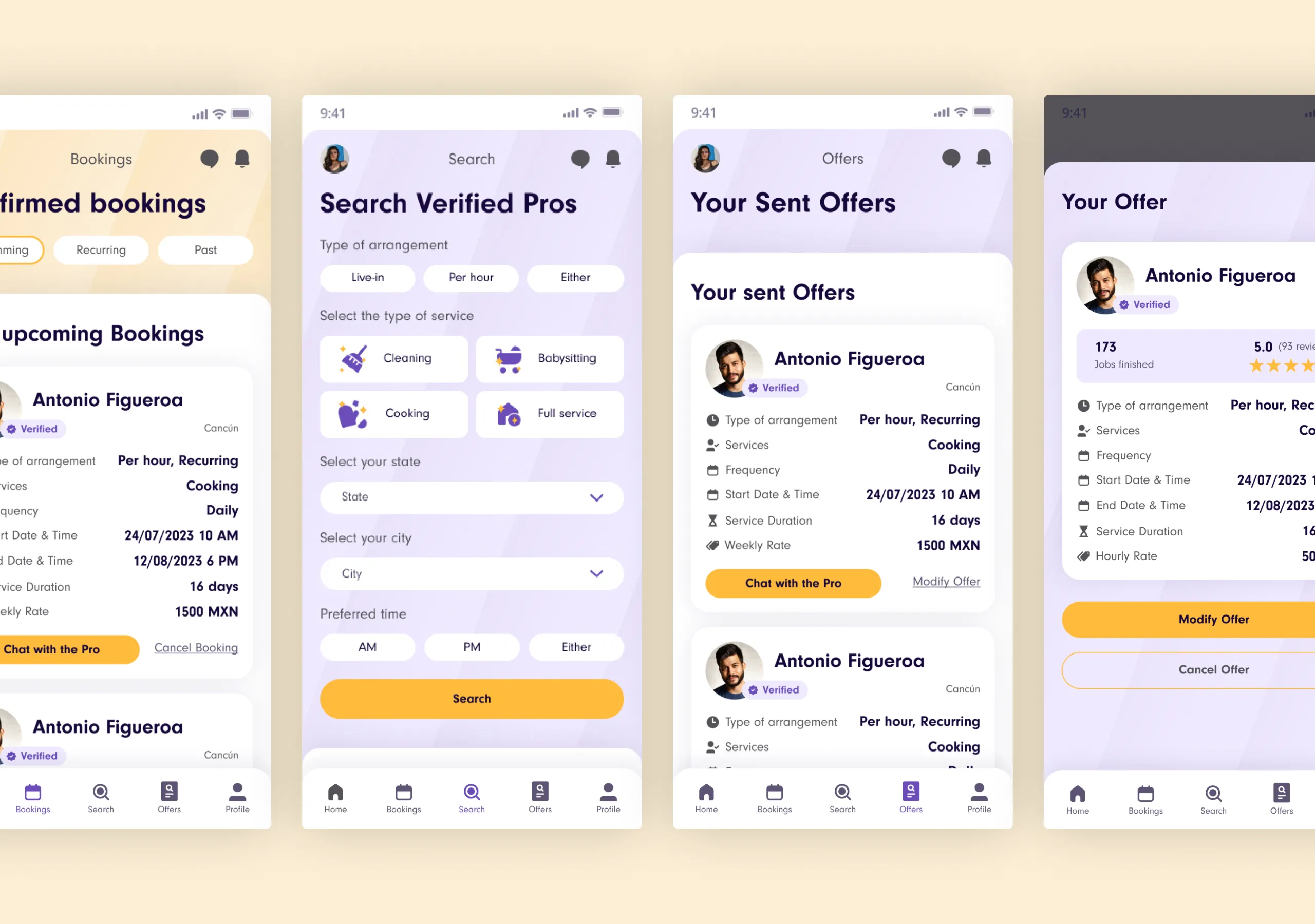 Yazta client app UI screens for confirmed bookings, searching verified Pros and reviewing sent offers