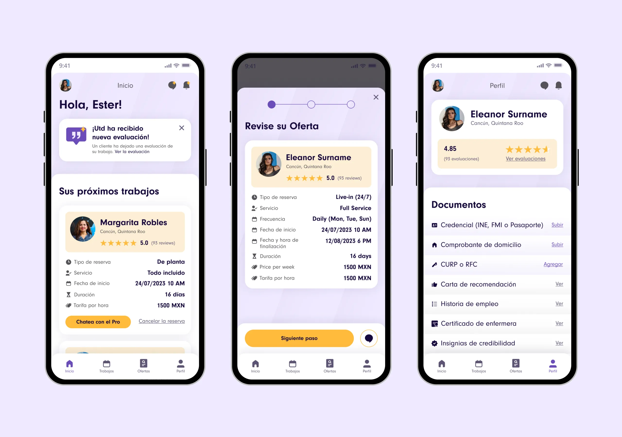 Three YaztaPro app screens in Spanish showing the provider home, offer review and document upload profile